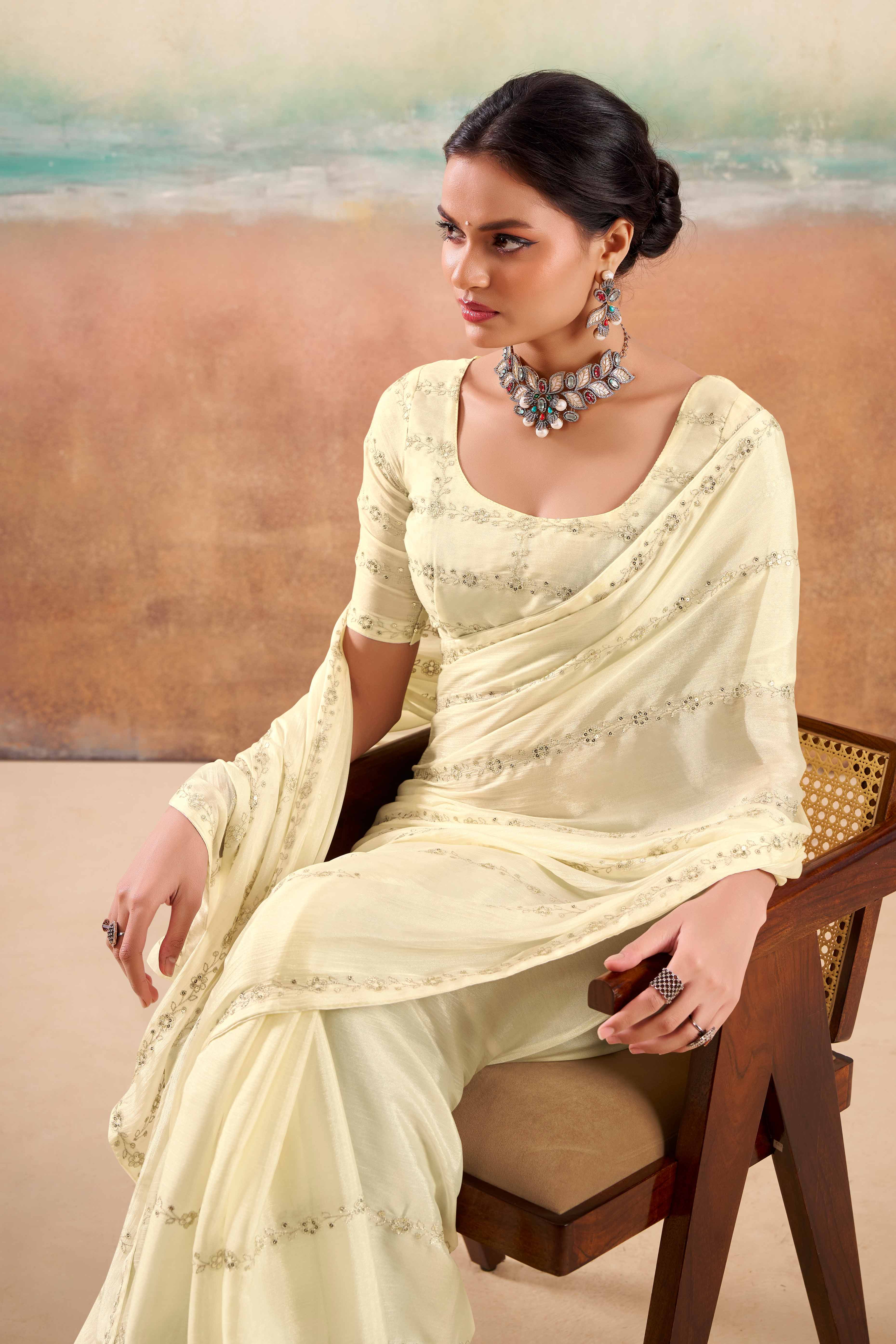 Offwhite Two Tone Chiffon Saree Adorned With Floral Cording Embroidery & Sequins Work