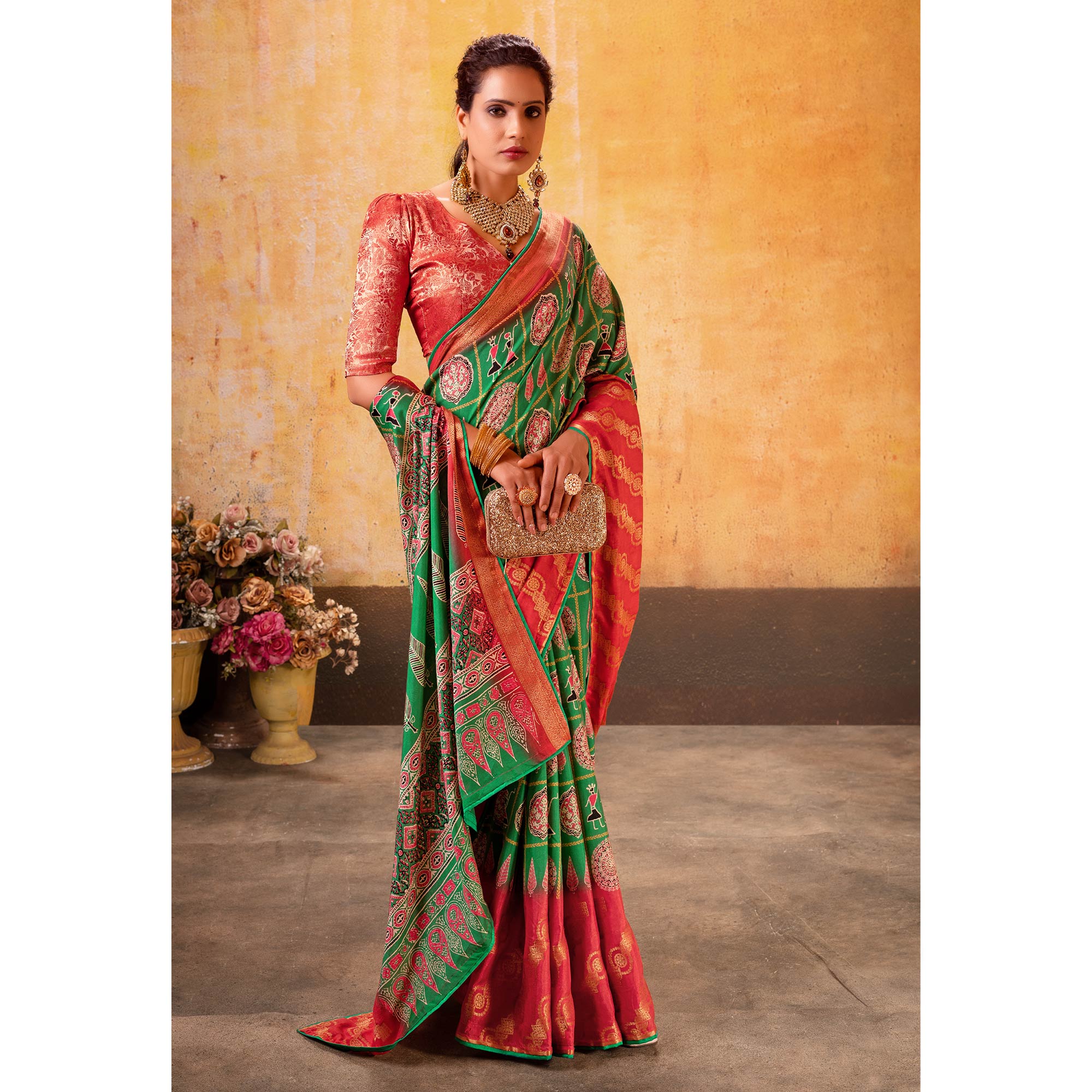 Rama Green Patola Printed Jacquard Saree