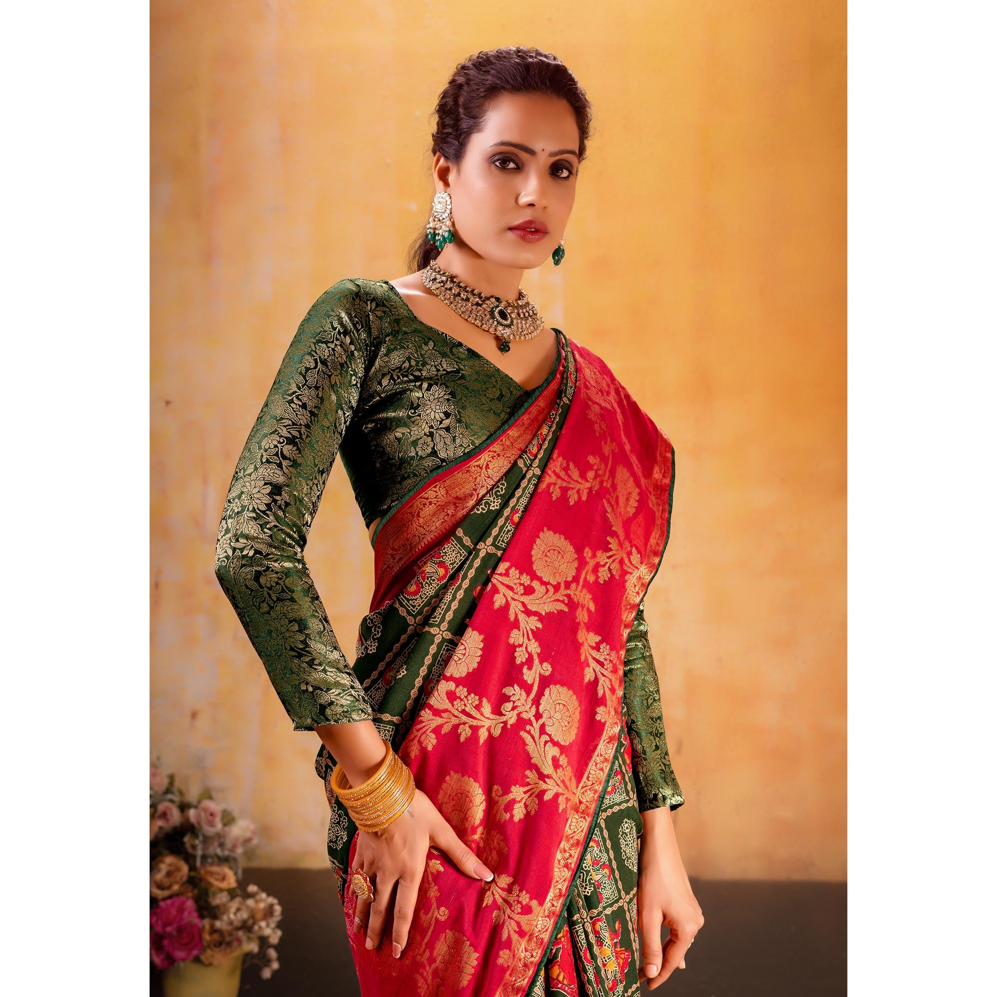 Dark Green Patola Printed Jacquard Saree