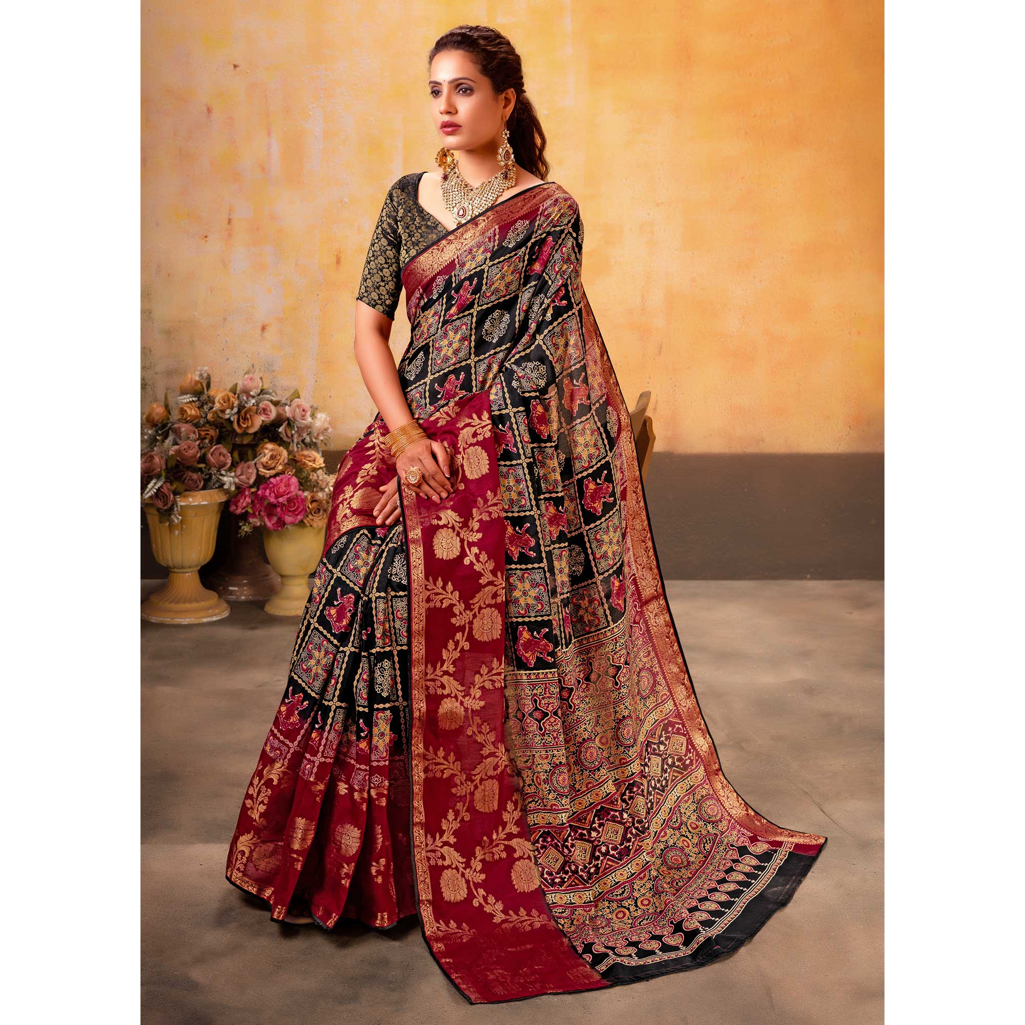 Black Patola Printed Jacquard Saree