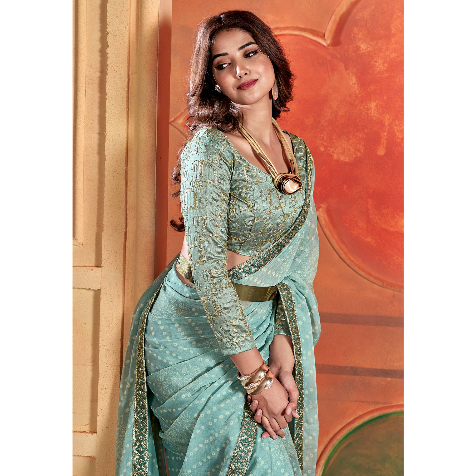 Blue Bandhani Printed Chiffon Saree With Embroidered Border