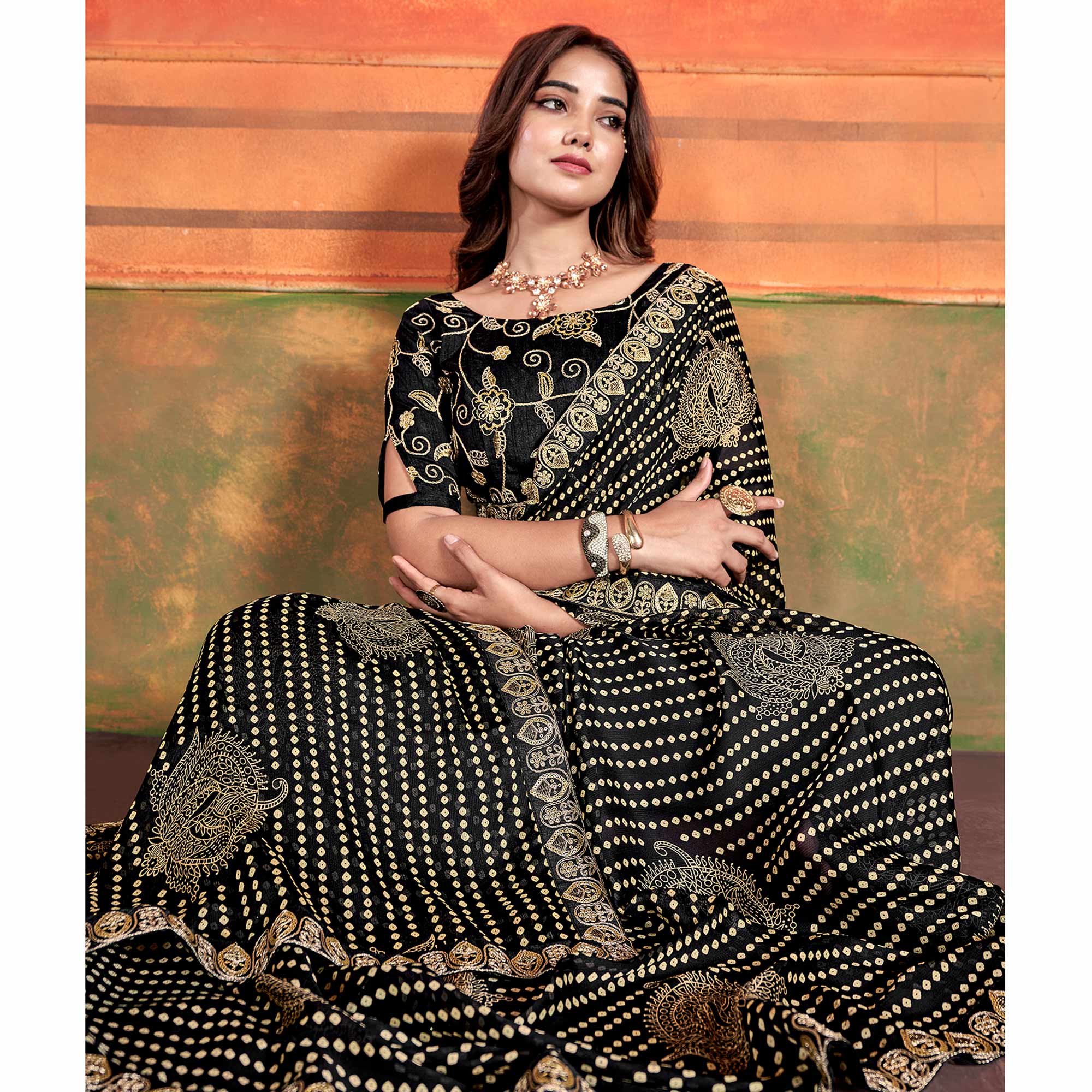 Black Bandhani Printed Chiffon Saree With Embroidered Border