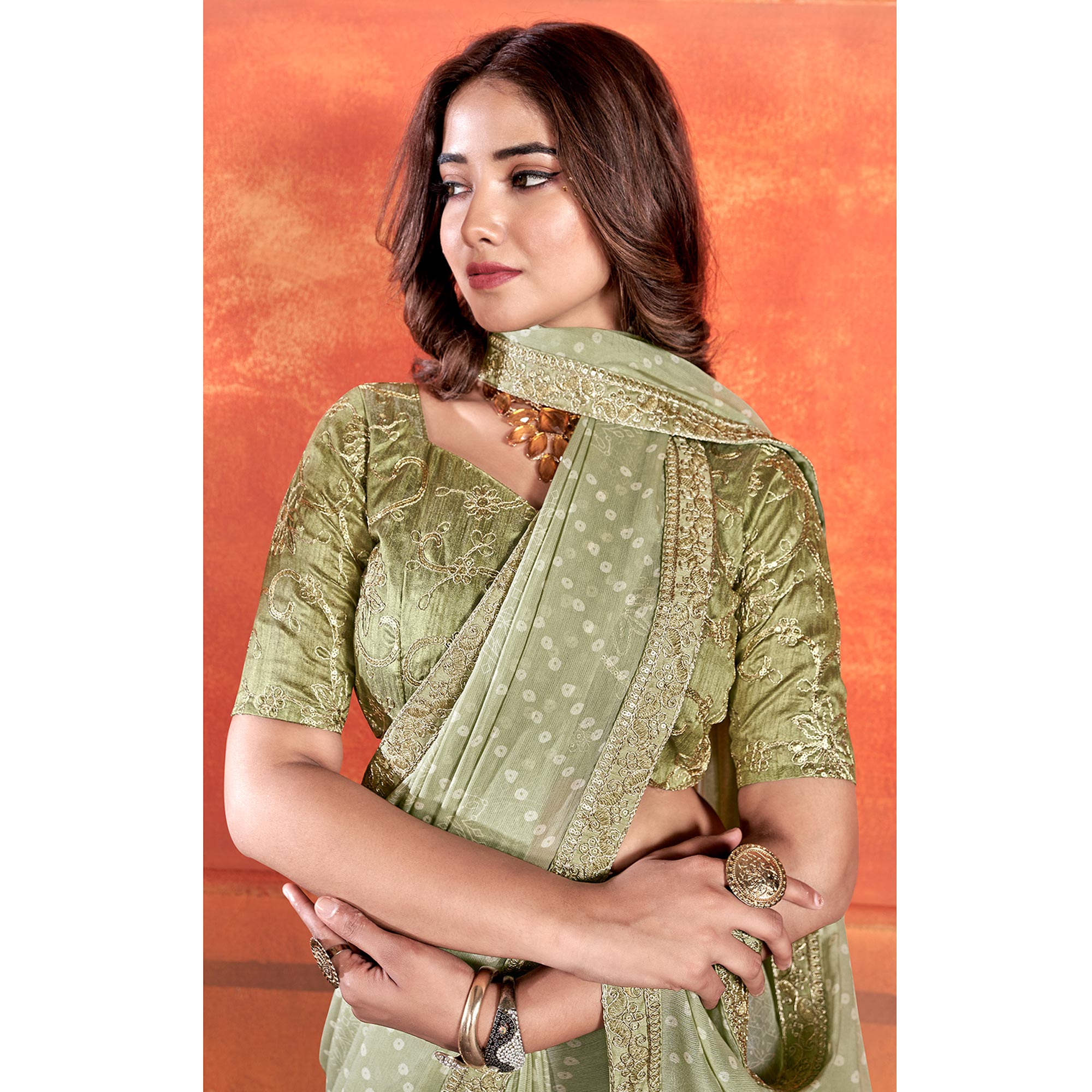 Mehandi Green Bandhani Printed Chiffon Saree With Embroidered Border