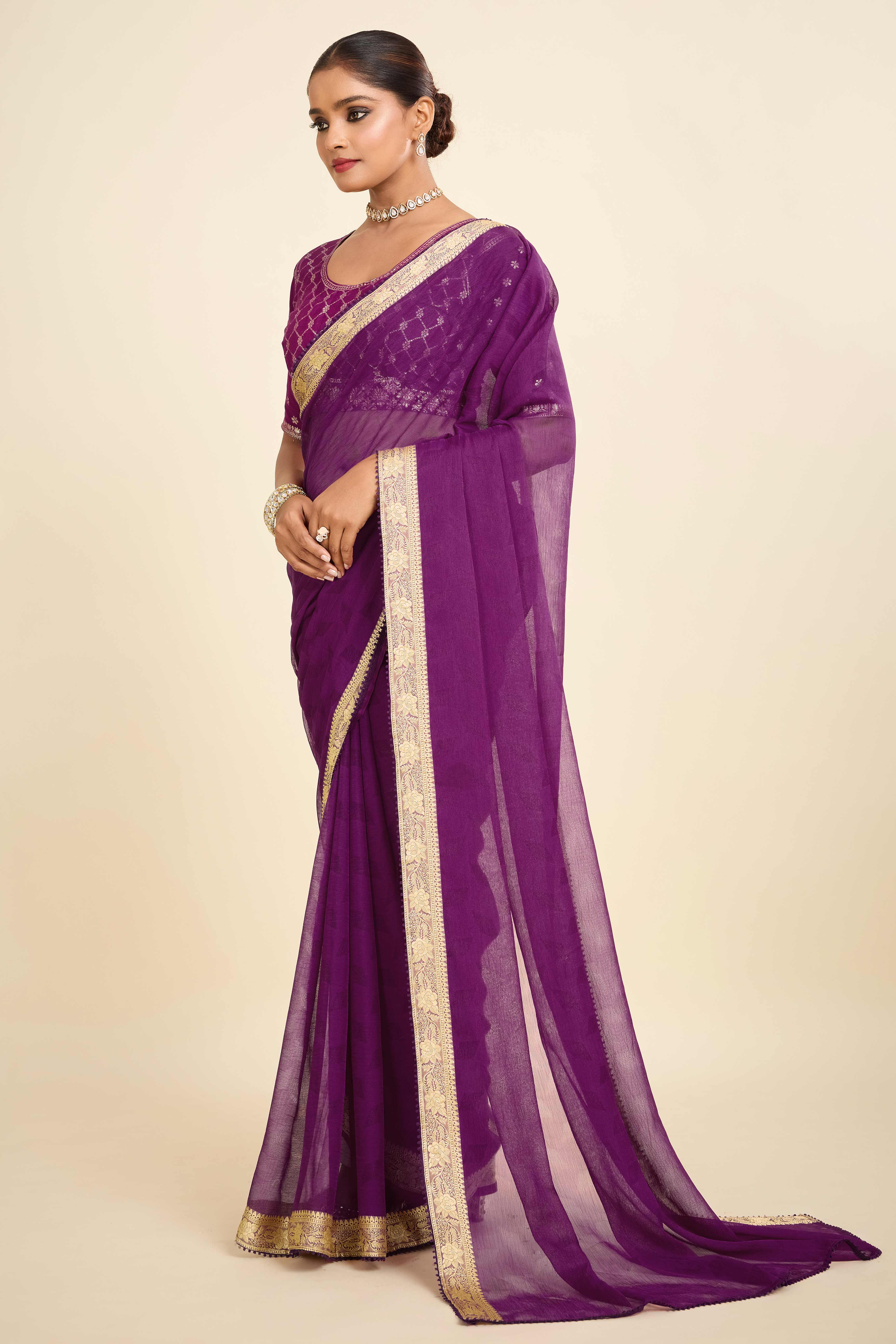 Purple Printed Chiffon Saree with Intricate Woven Edging