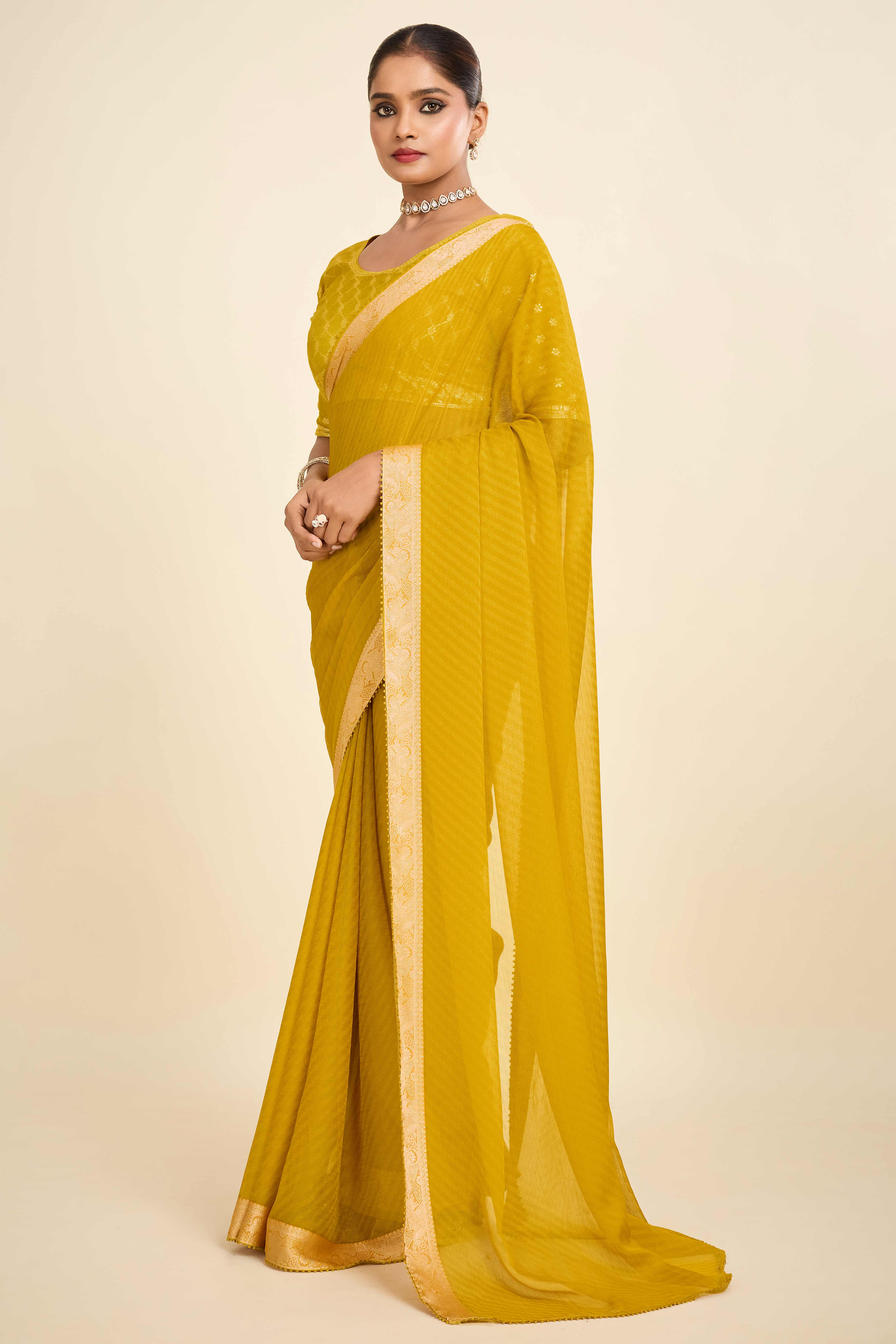 Mustard Printed Chiffon Saree with Intricate Woven Edging