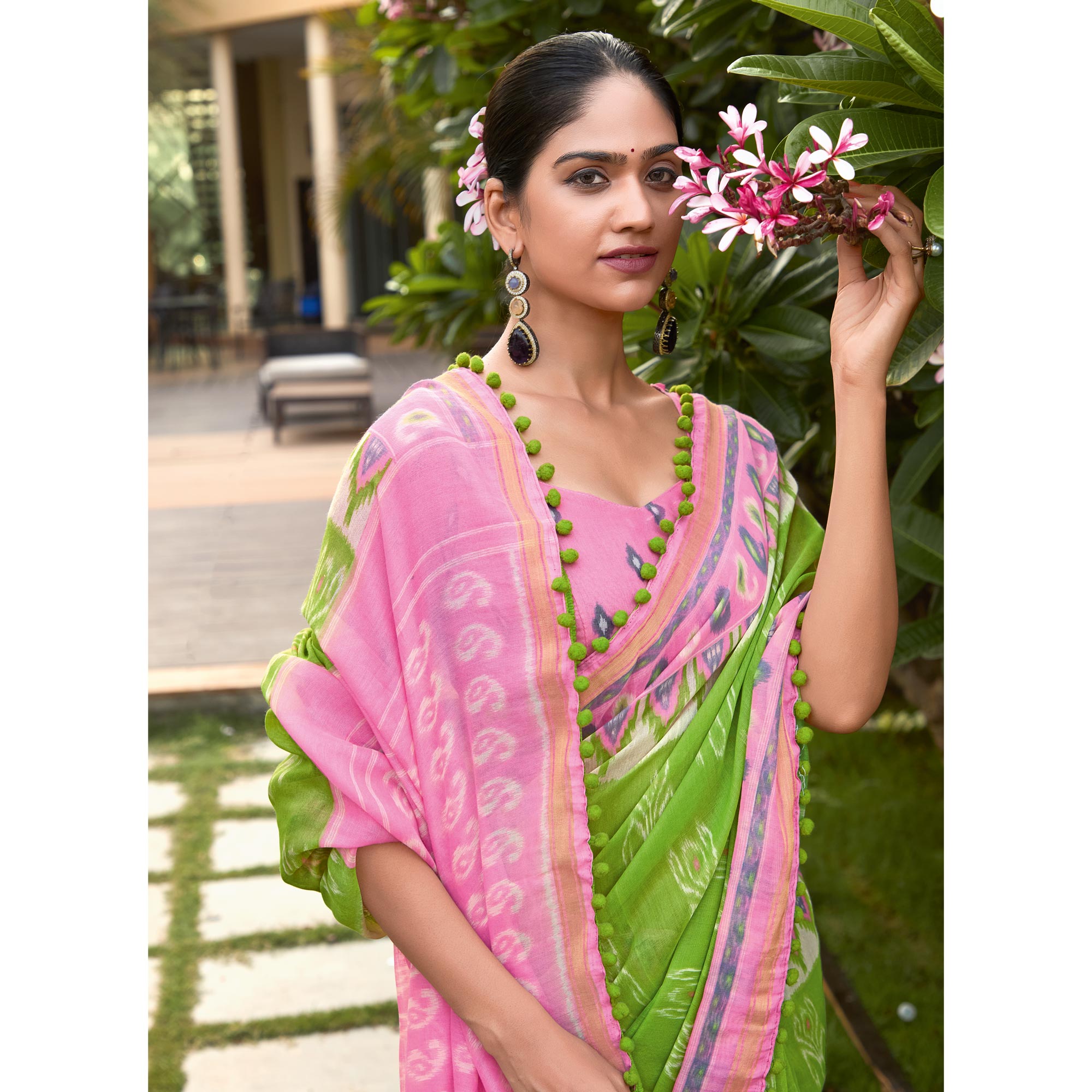 Green & Pink Printed Pure Cotton Saree With Pum Pum Border
