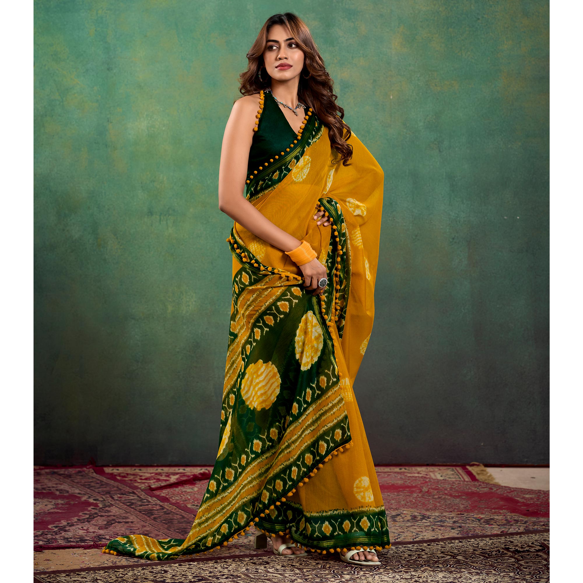 Mustard Ikkat Printed Mul Mul Cotton Saree