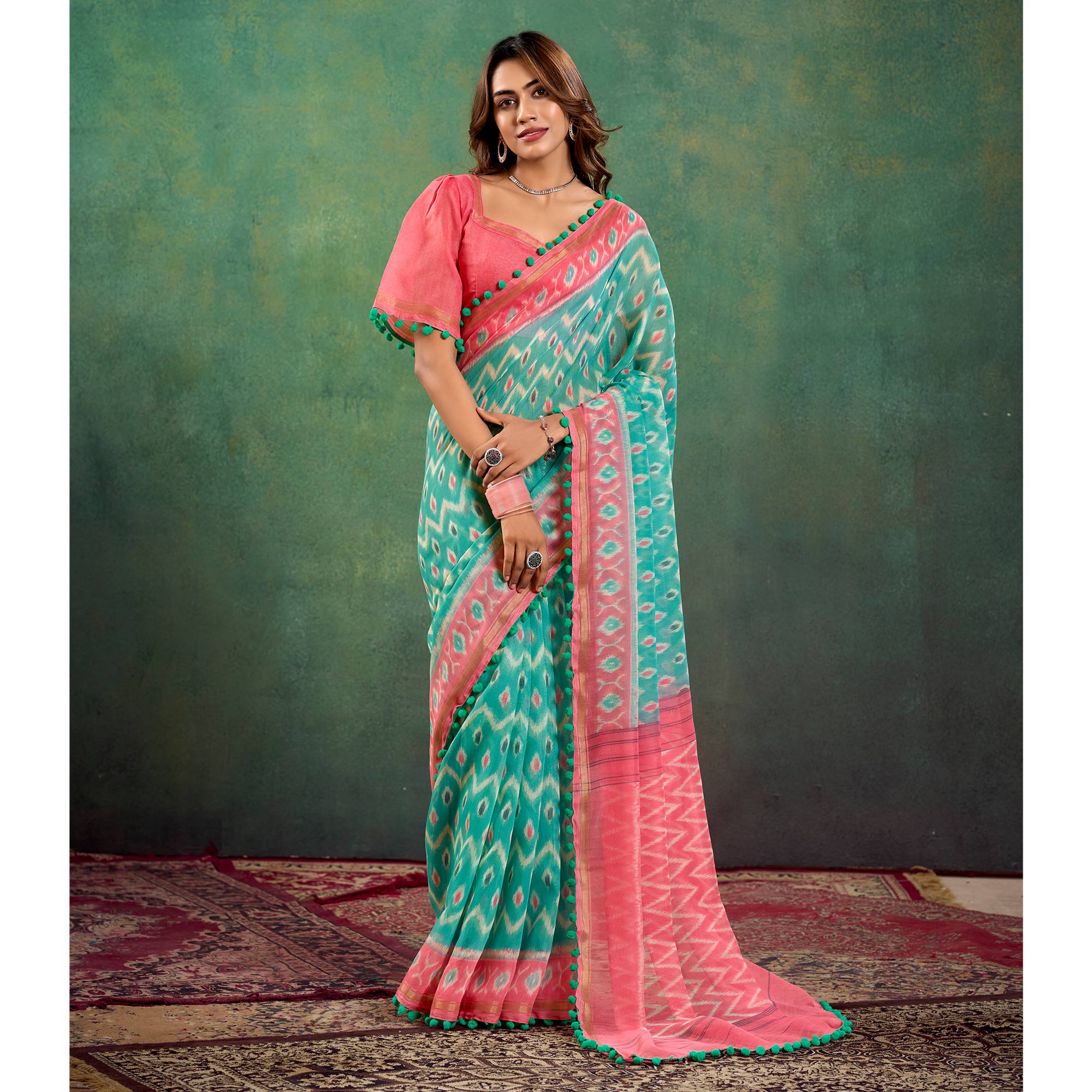 Turquoise Ikkat Printed Mul Mul Cotton Saree