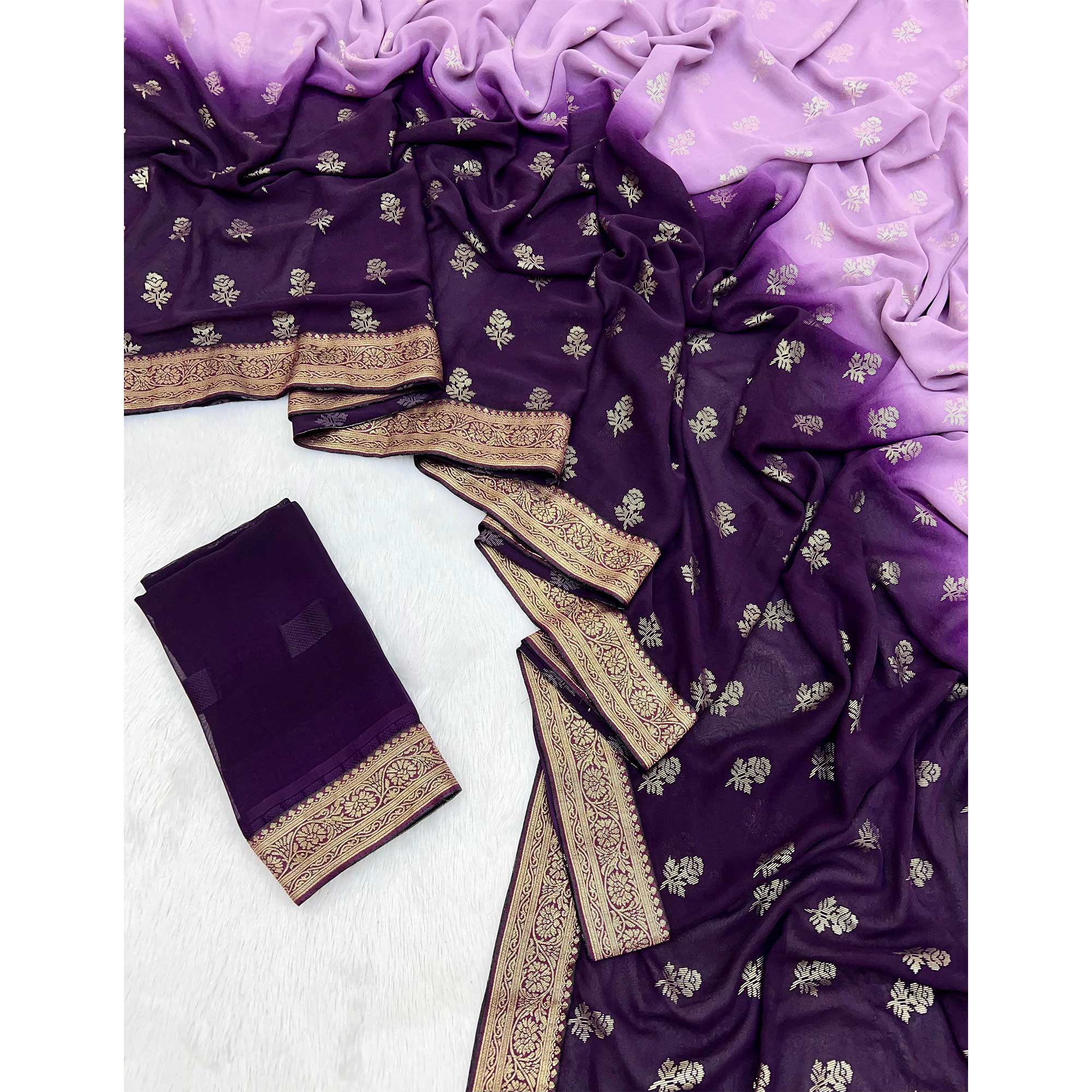 Purple & Lavender Floral Foil Printed Georgette Saree Woven Saree