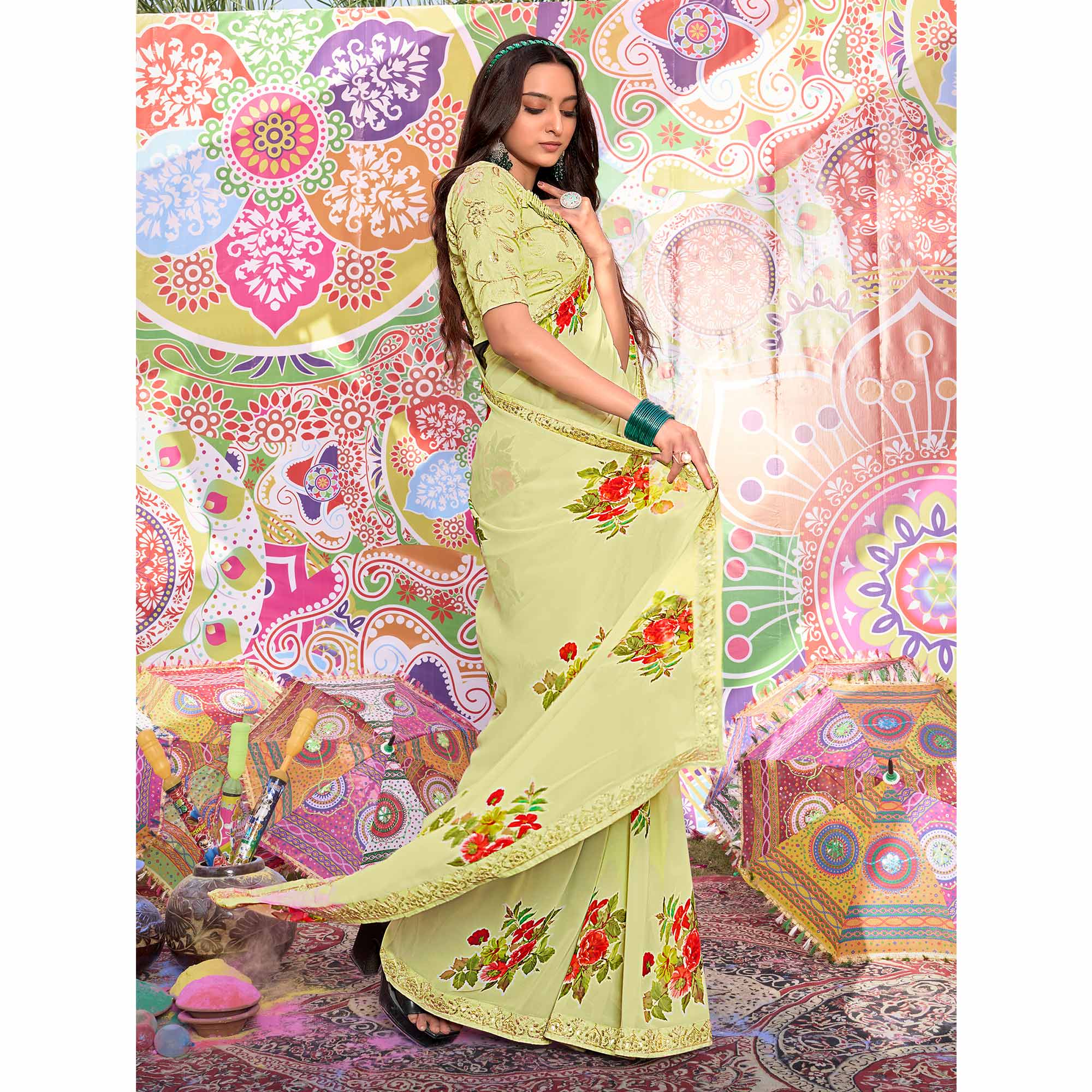 Green Floral Printed Georgette Saree With Sequins Work Border