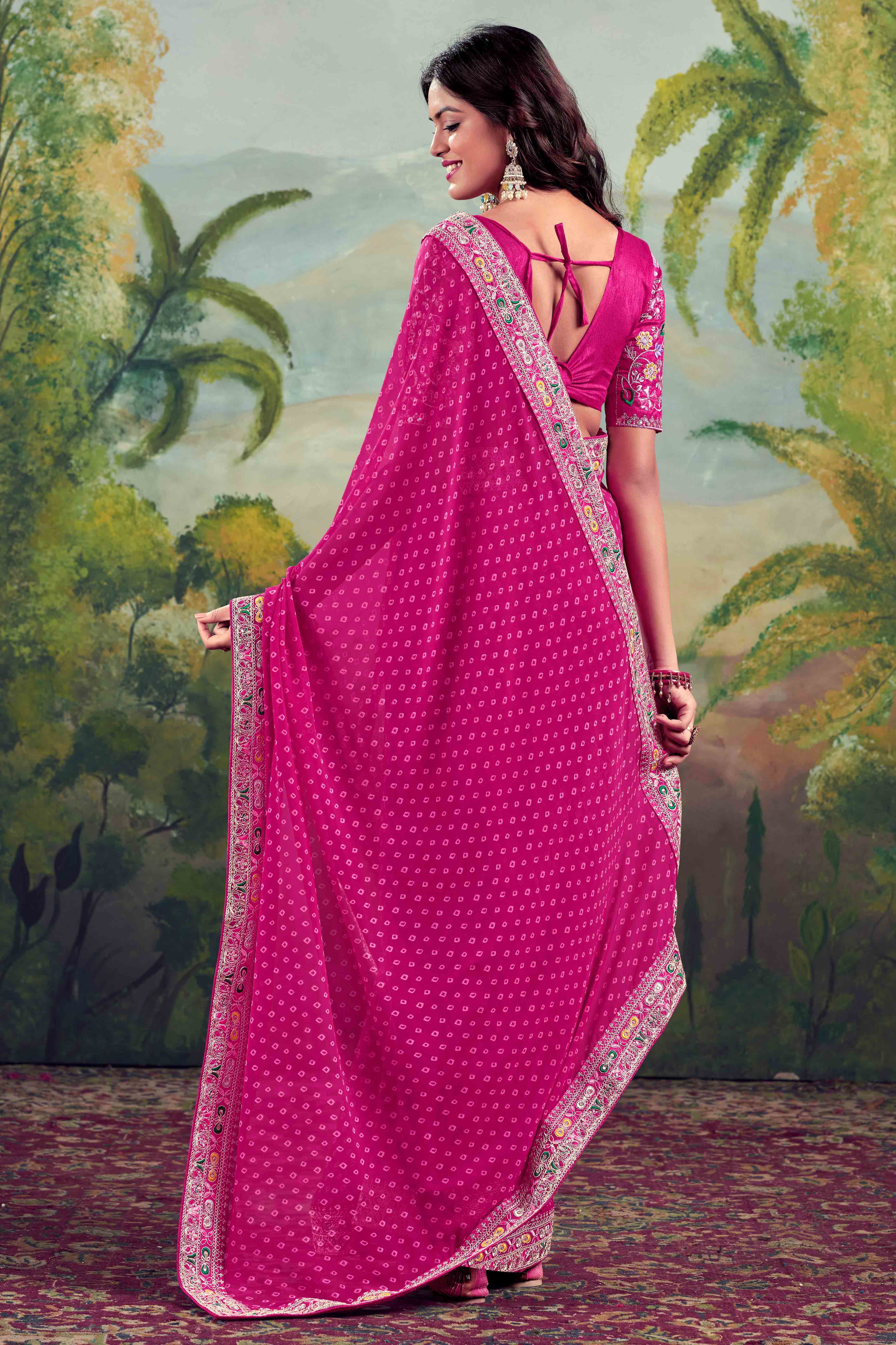 Pink Bandhani Printed Georgette Saree With Embroidered Border