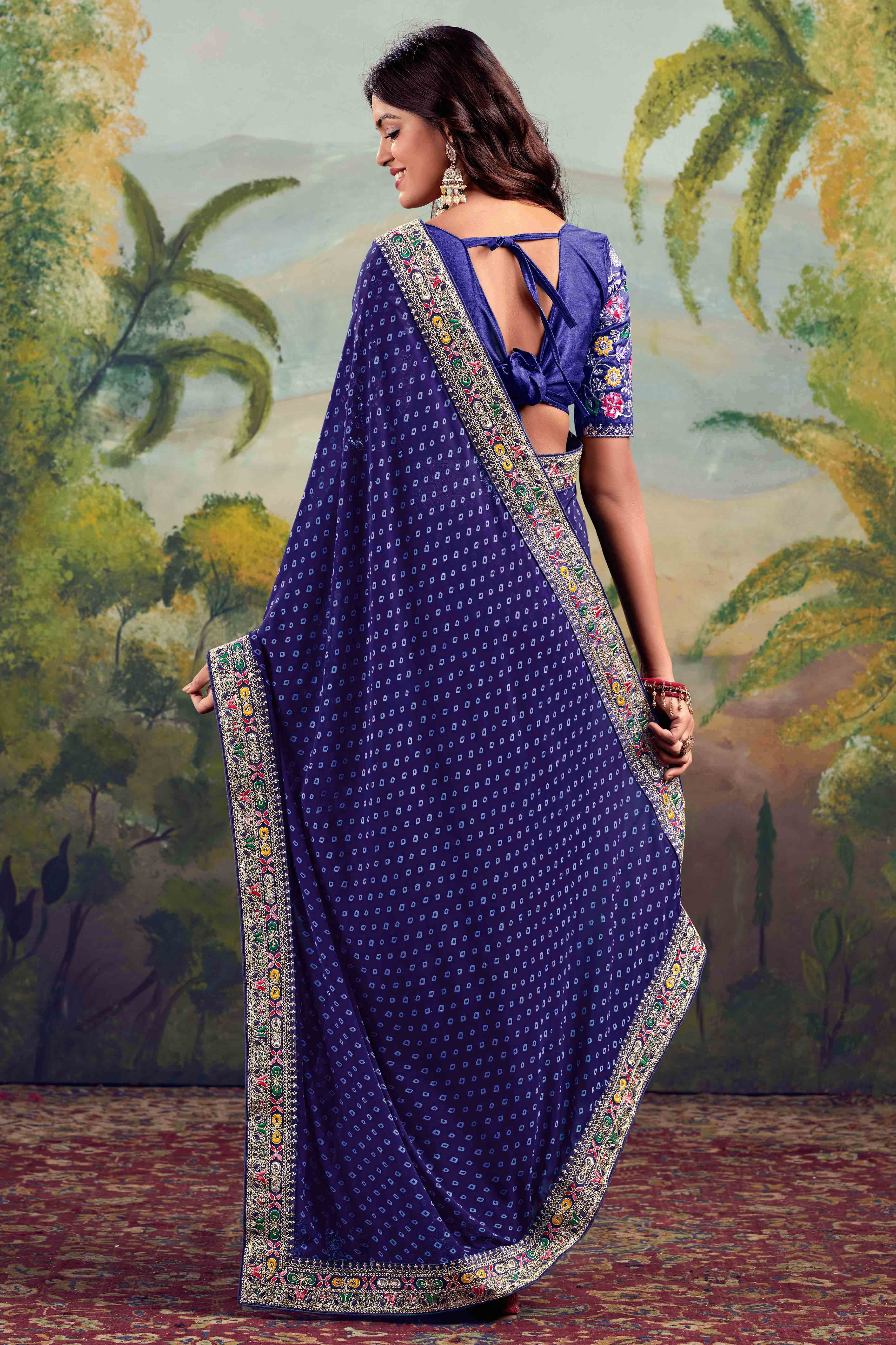 Blue Bandhani Printed Georgette Saree With Embroidered Border