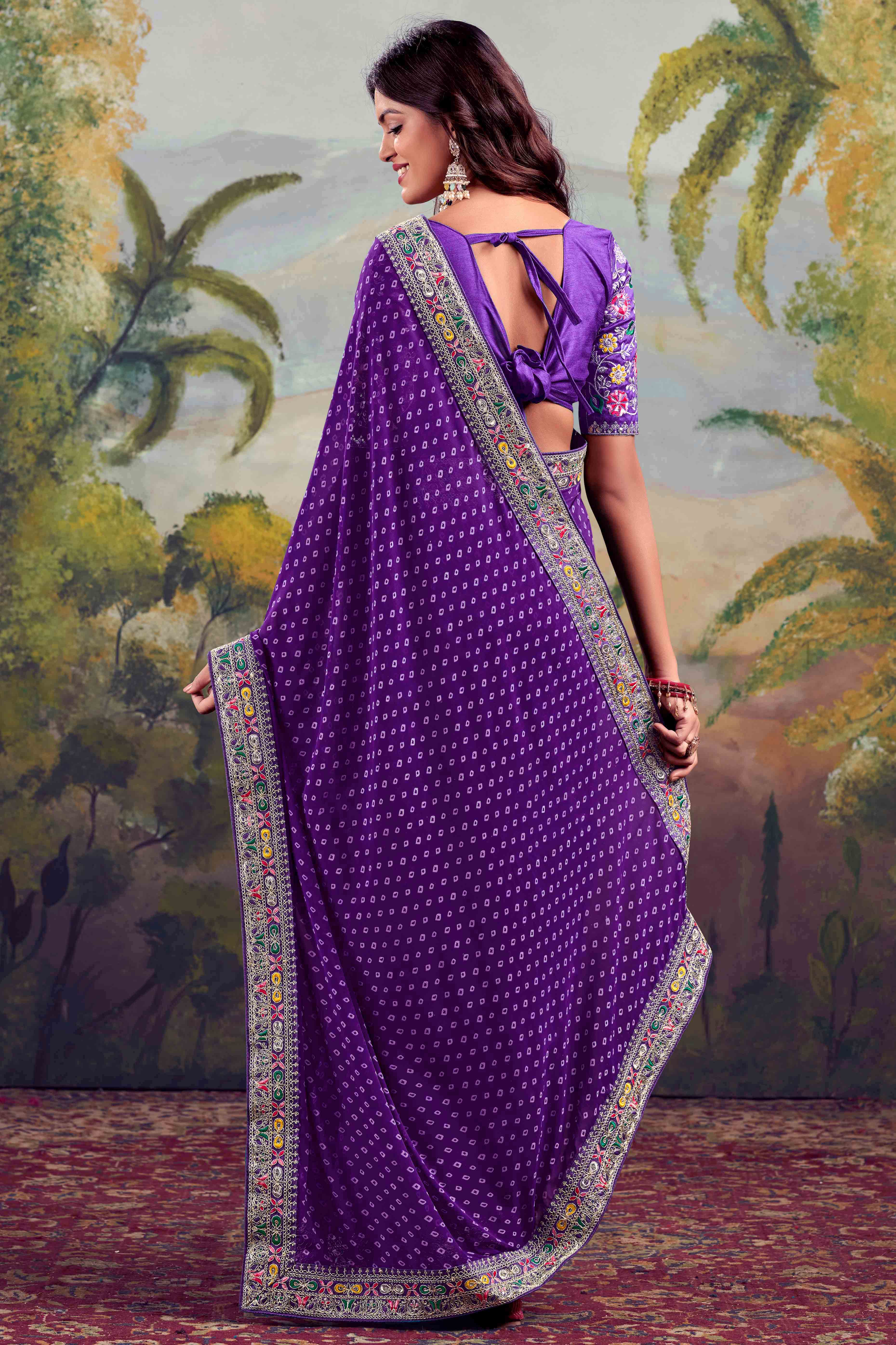 Purple Bandhani Printed Georgette Saree With Embroidered Border