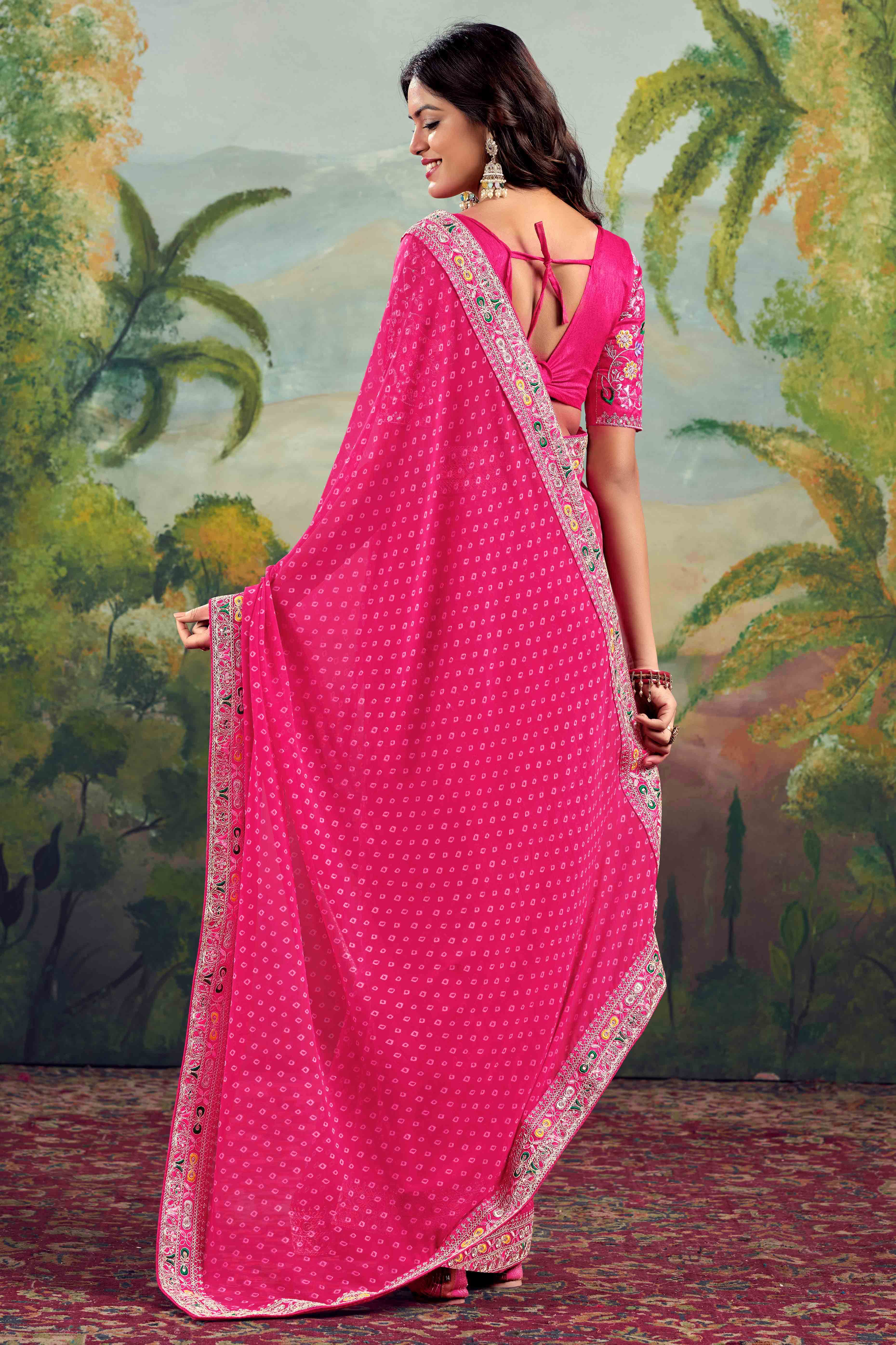 Gajri Pink Bandhani Printed Georgette Saree With Embroidered Border