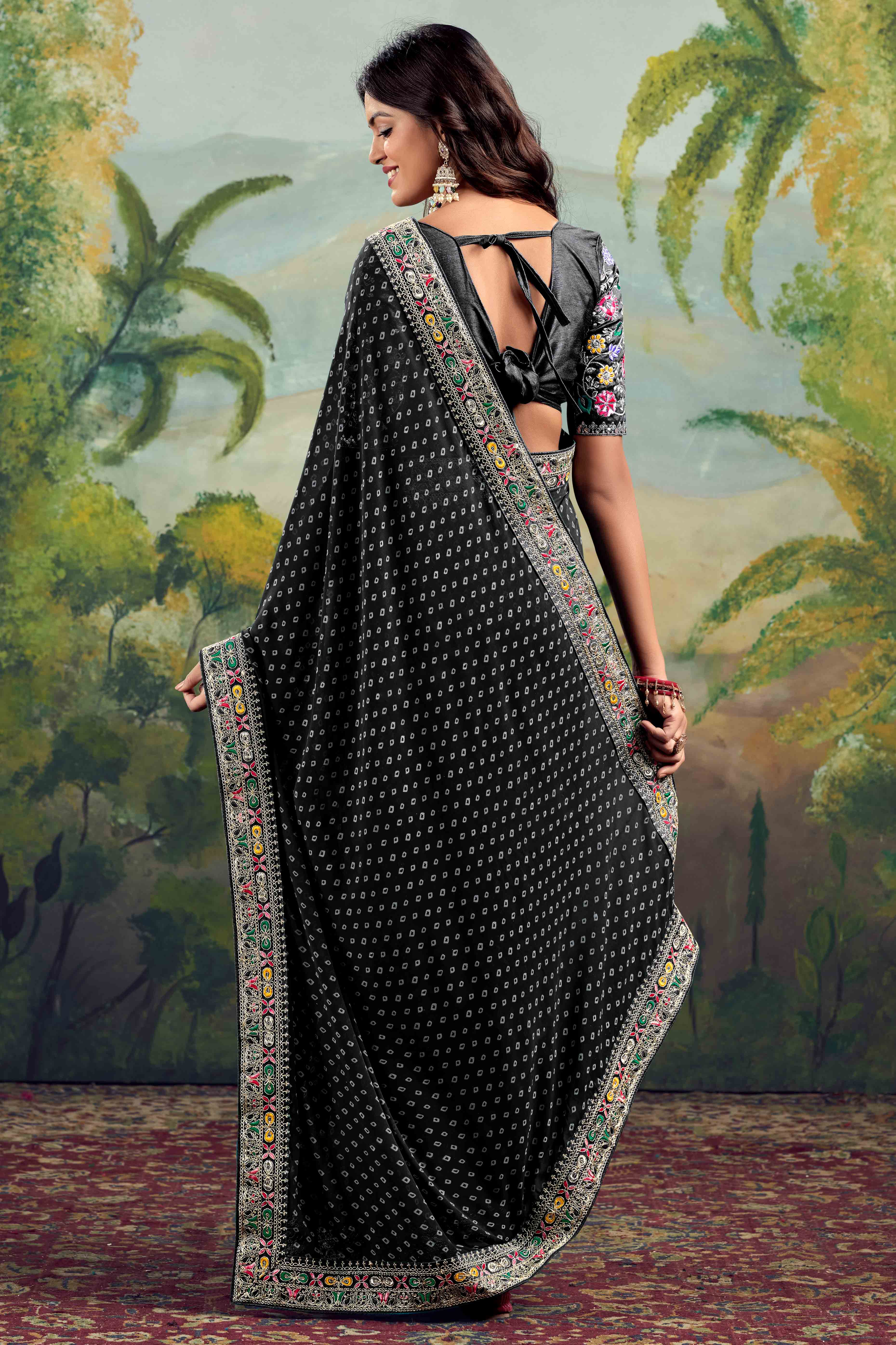 Black Bandhani Printed Georgette Saree With Embroidered Border