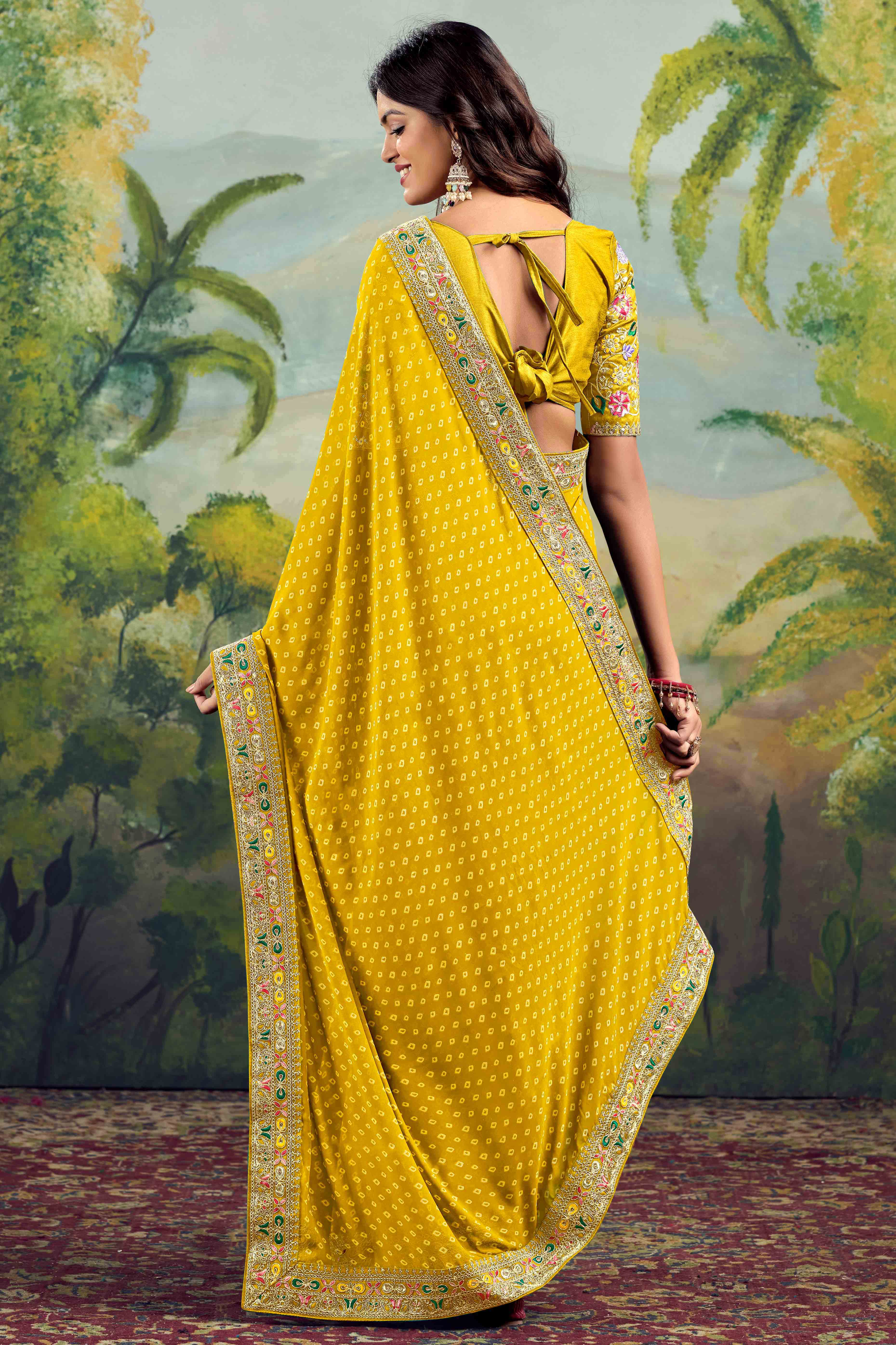 Mustard Bandhani Printed Georgette Saree With Embroidered Border
