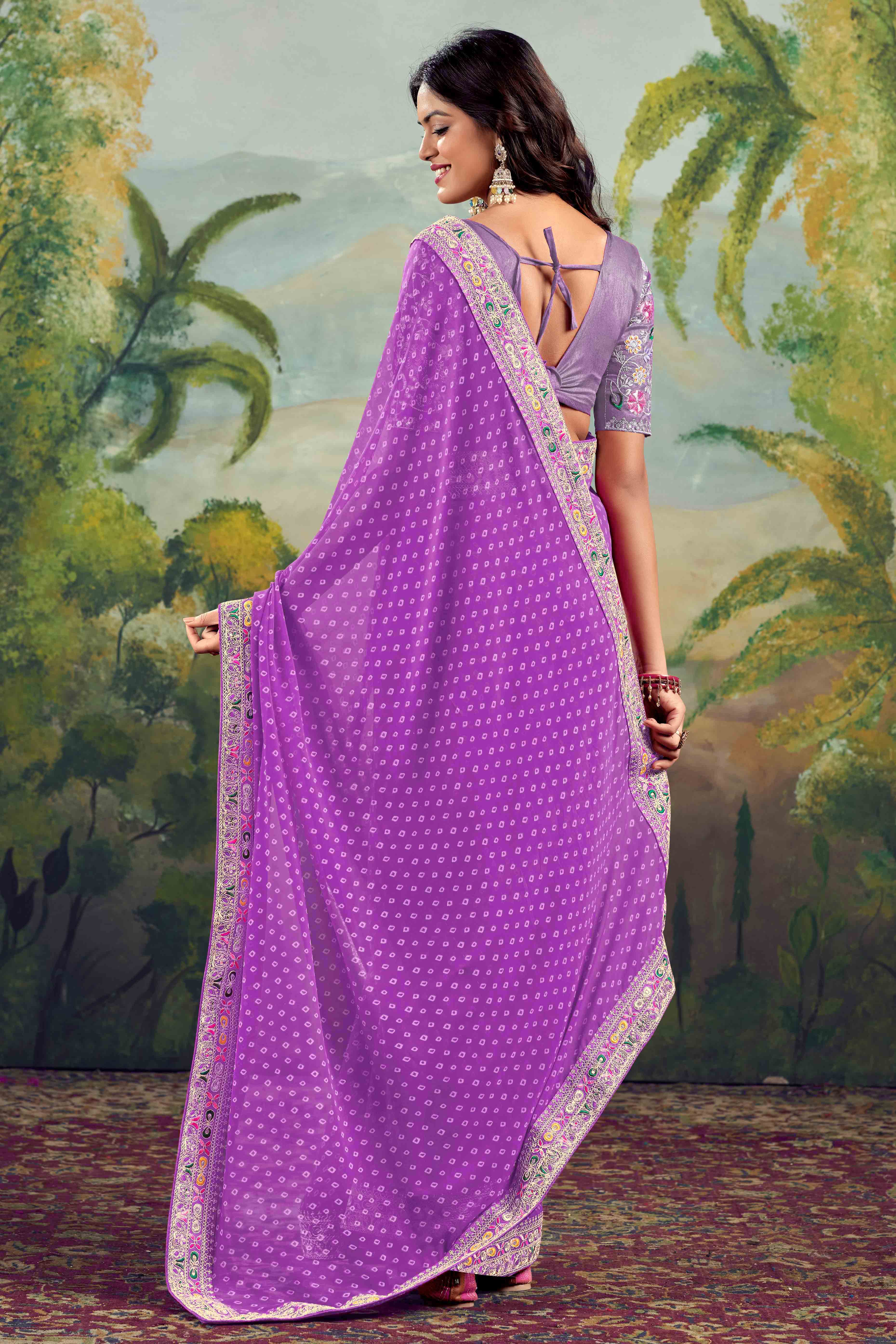Purple Bandhani Printed Georgette Saree With Embroidered Border