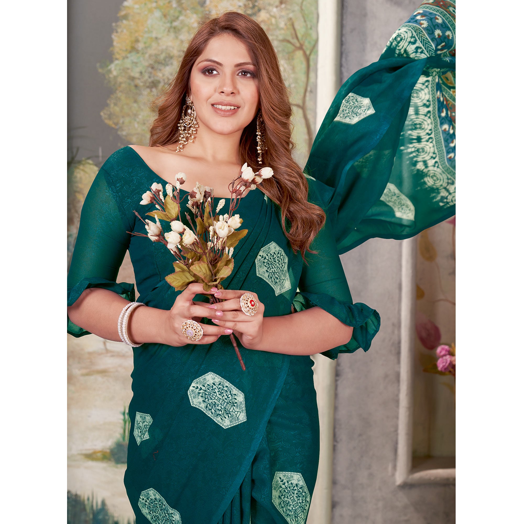 Teal Floral Printed Chiffon Saree