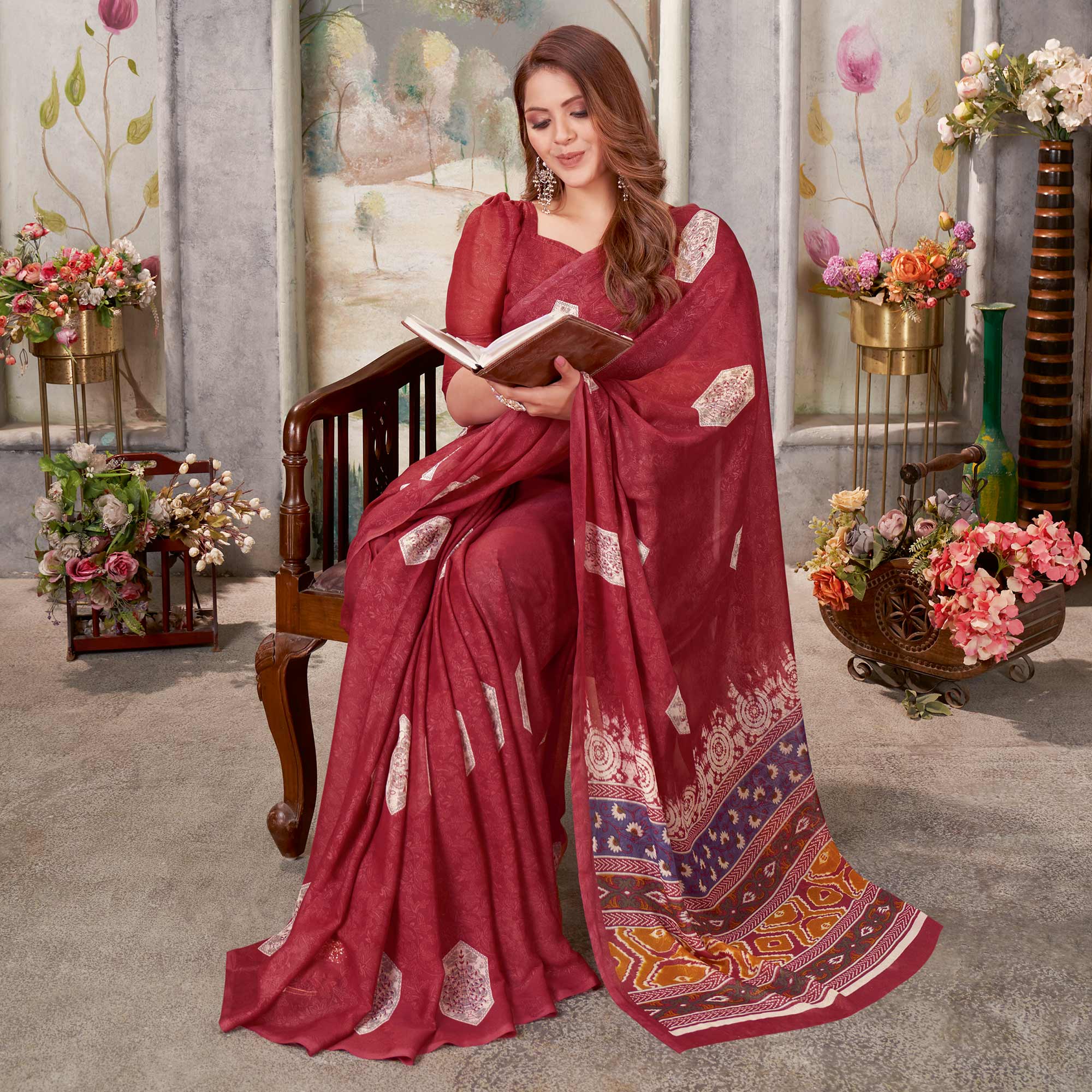 Maroon Floral Printed Chiffon Saree