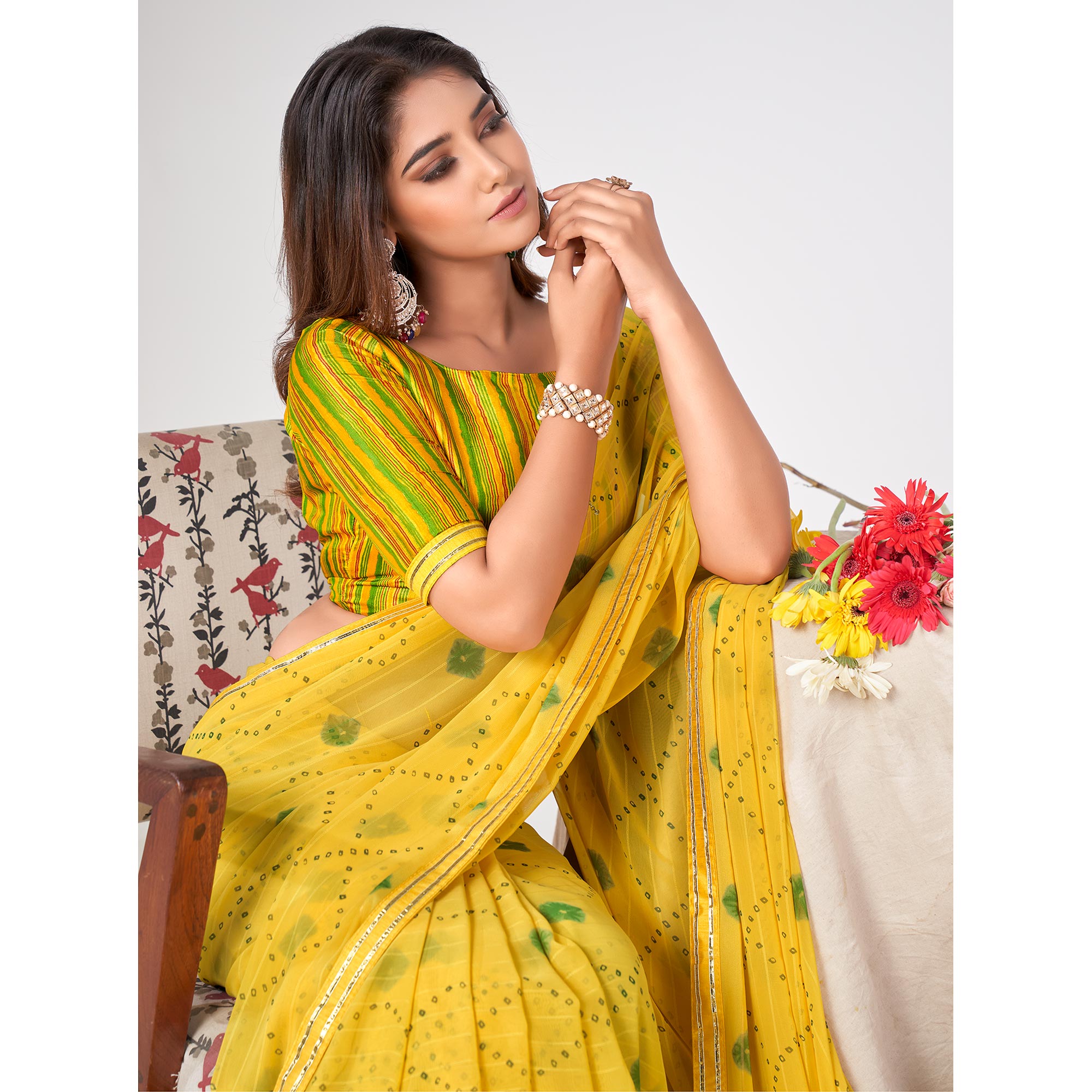 Yellow Printed Georgette Saree With Lace Work