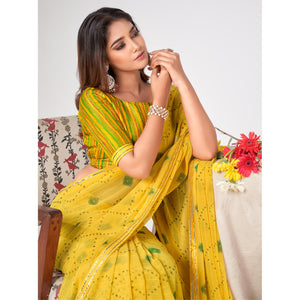 Yellow Printed Georgette Saree With Lace Work