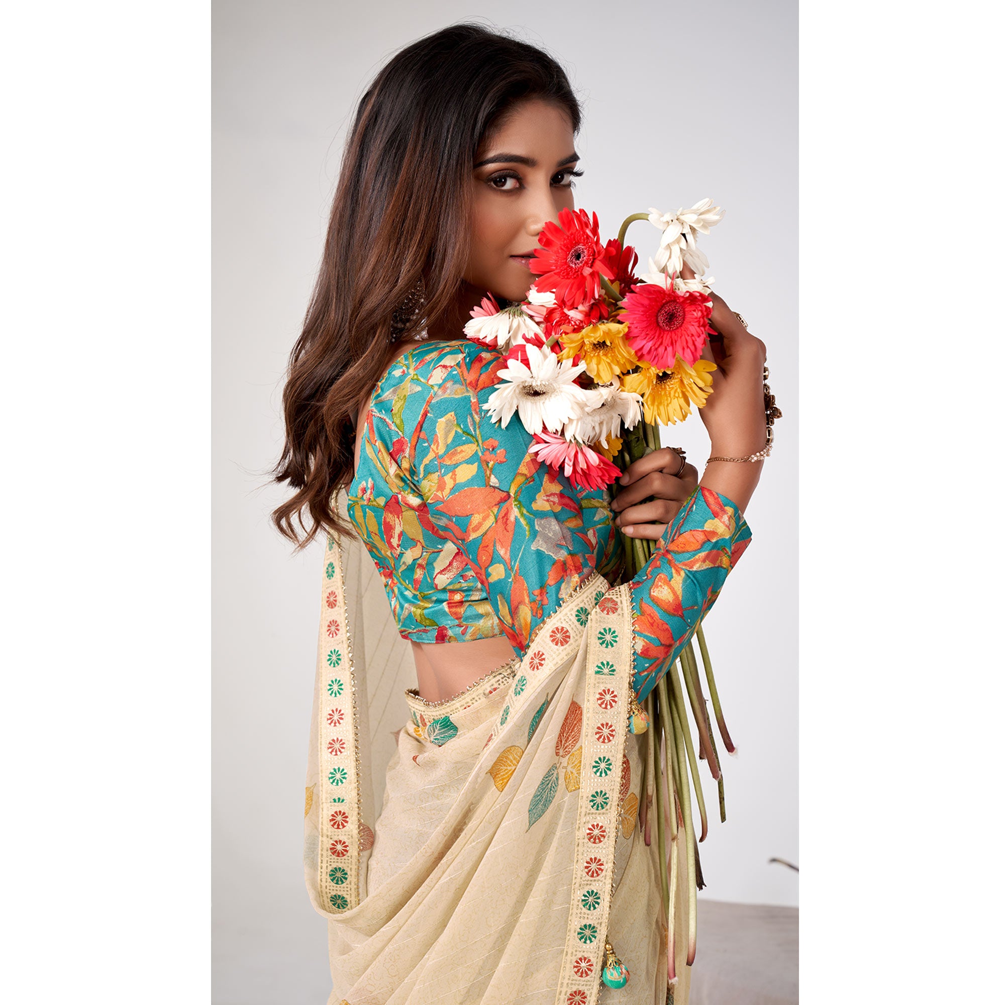 Beige Printed Georgette Saree With Lace Work