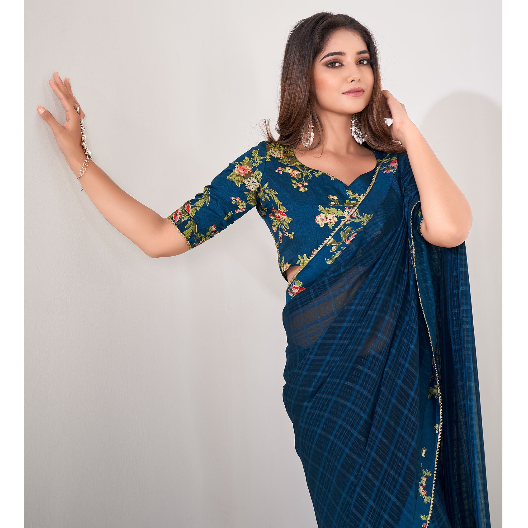 Blue Printed Georgette Saree With Lace Work