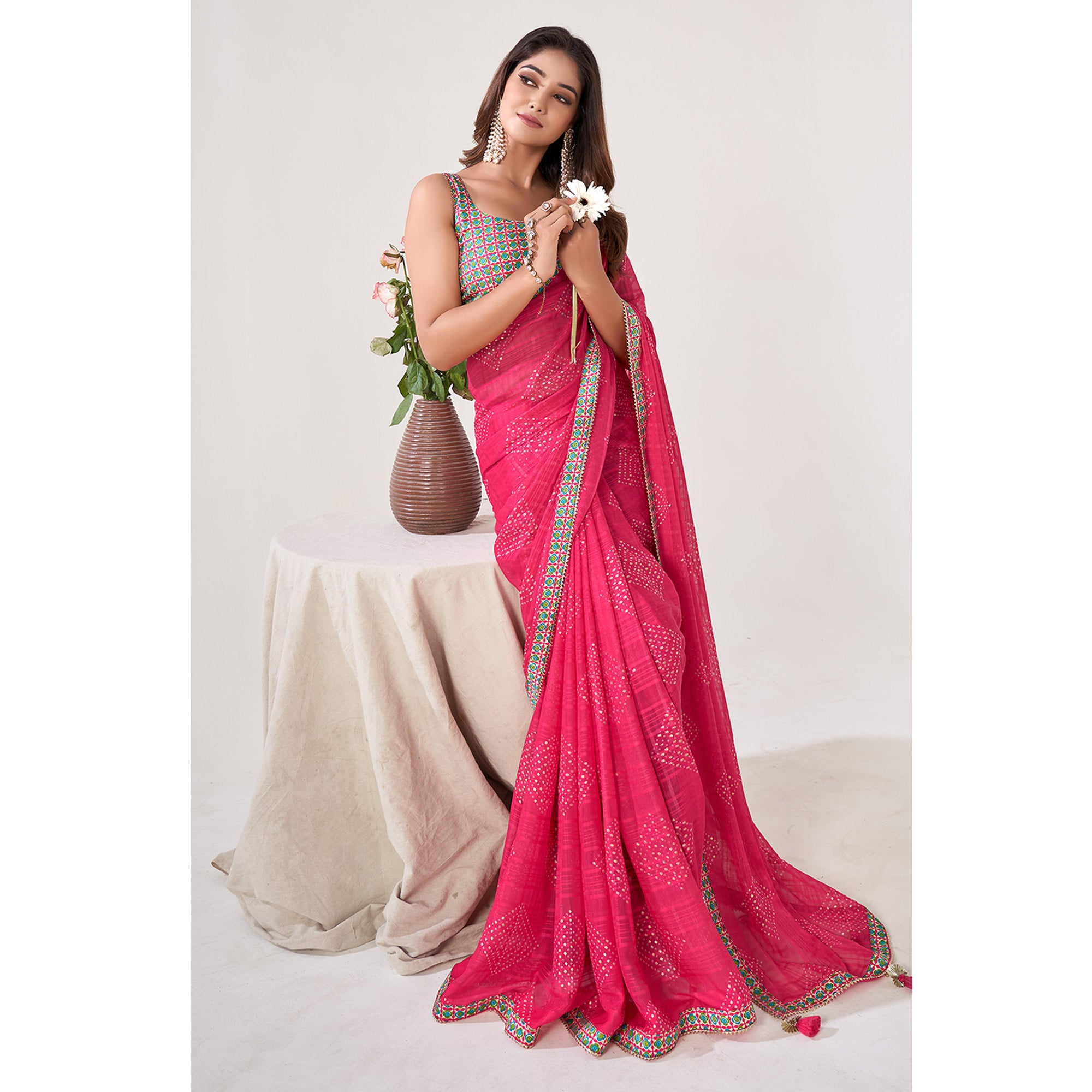 Pink Printed Georgette Saree With Lace Work