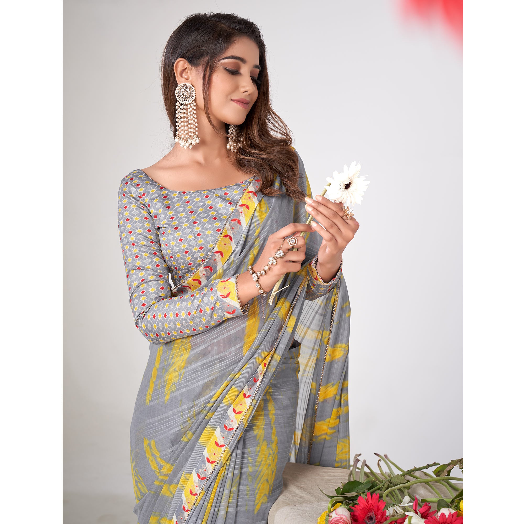 Grey Printed Georgette Saree With Lace Work