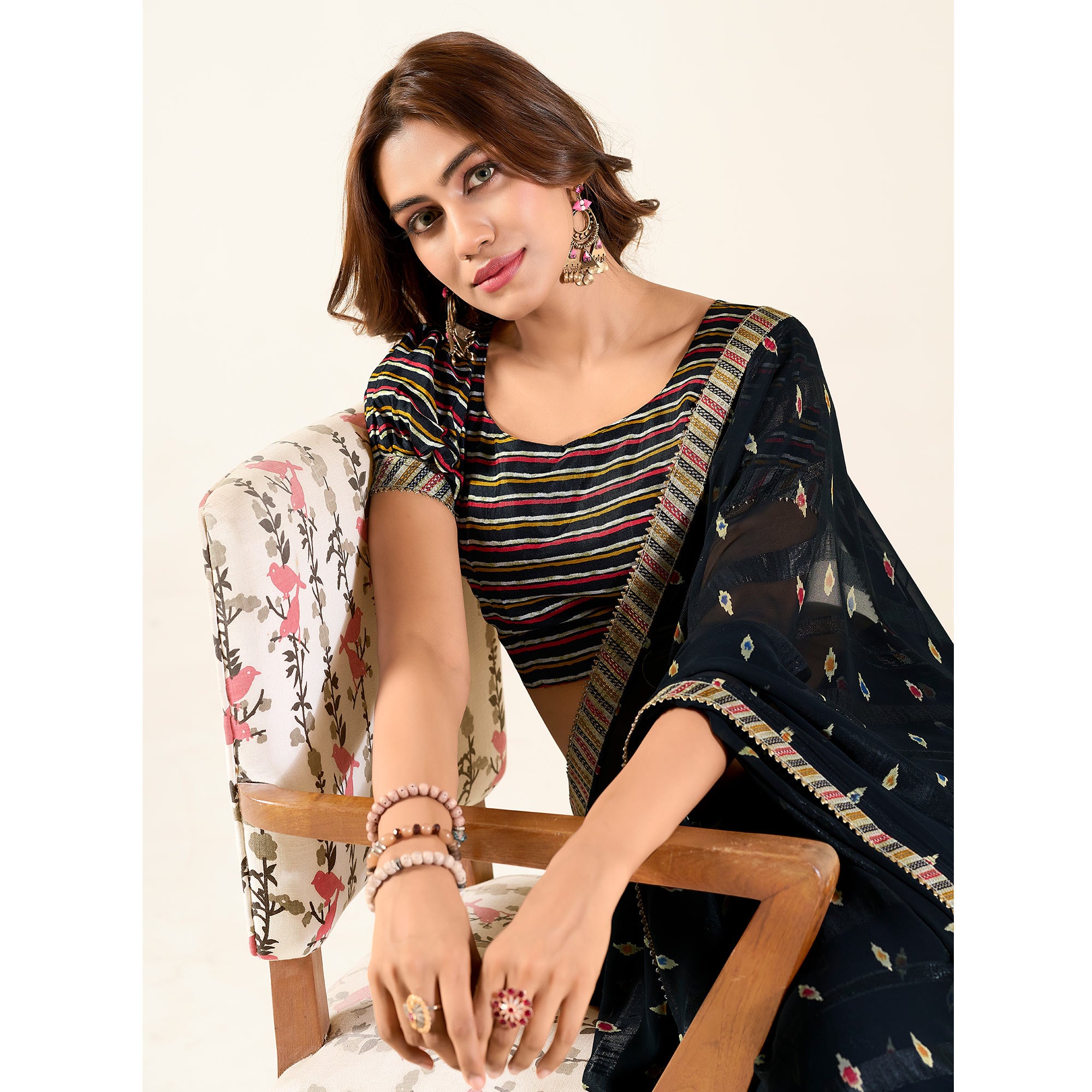 Black Printed With Woven Georgette Saree With Tassels