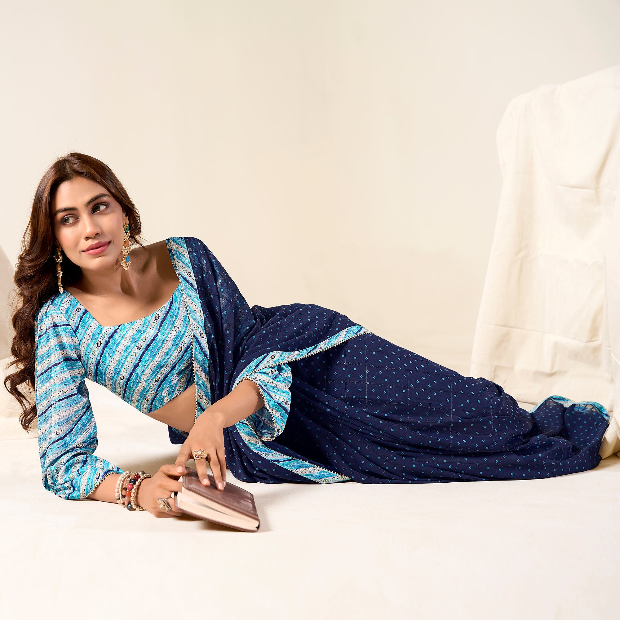 Blue Printed With Woven Georgette Saree With Tassels