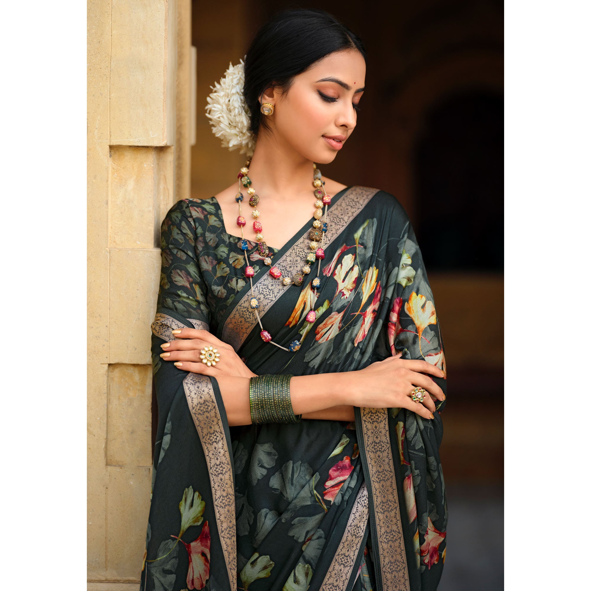 Black Floral Digital Printed Viscose Saree With Zari Border