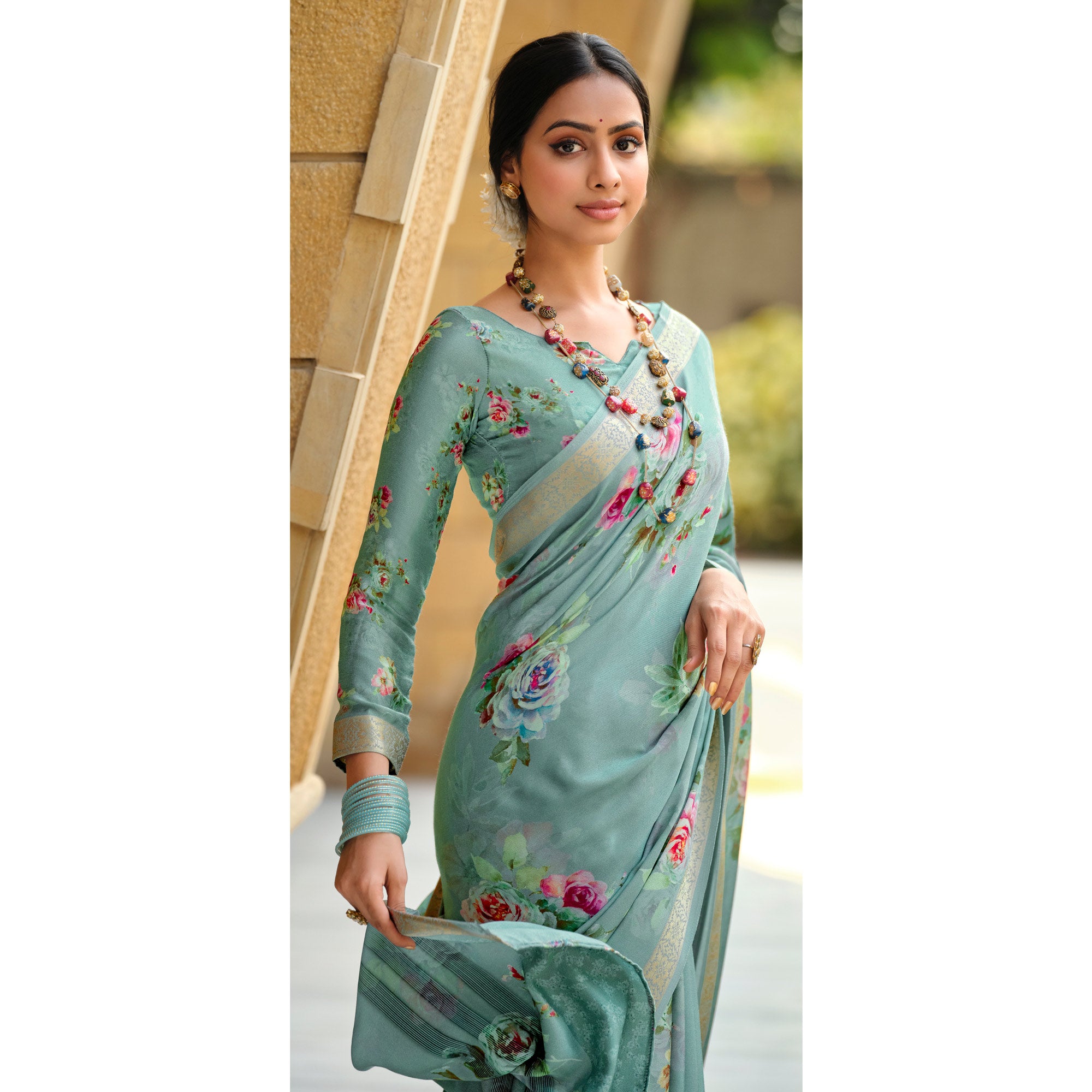 Turquoise Floral Digital Printed Viscose Saree With Zari Border