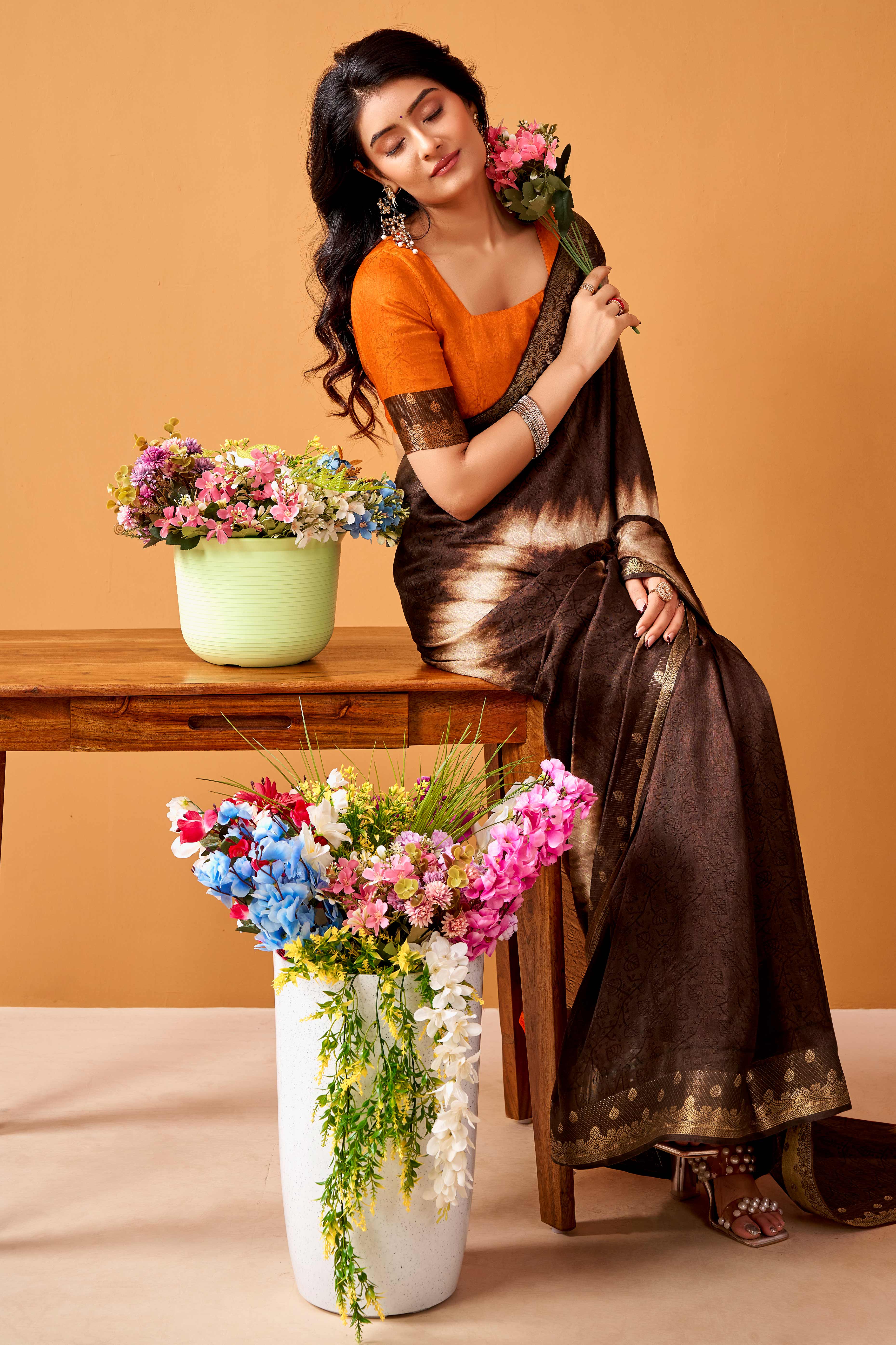 Luxurious Brown Tussar Silk Saree Featuring Traditional Abstract Print & Peacock Jacquard Border