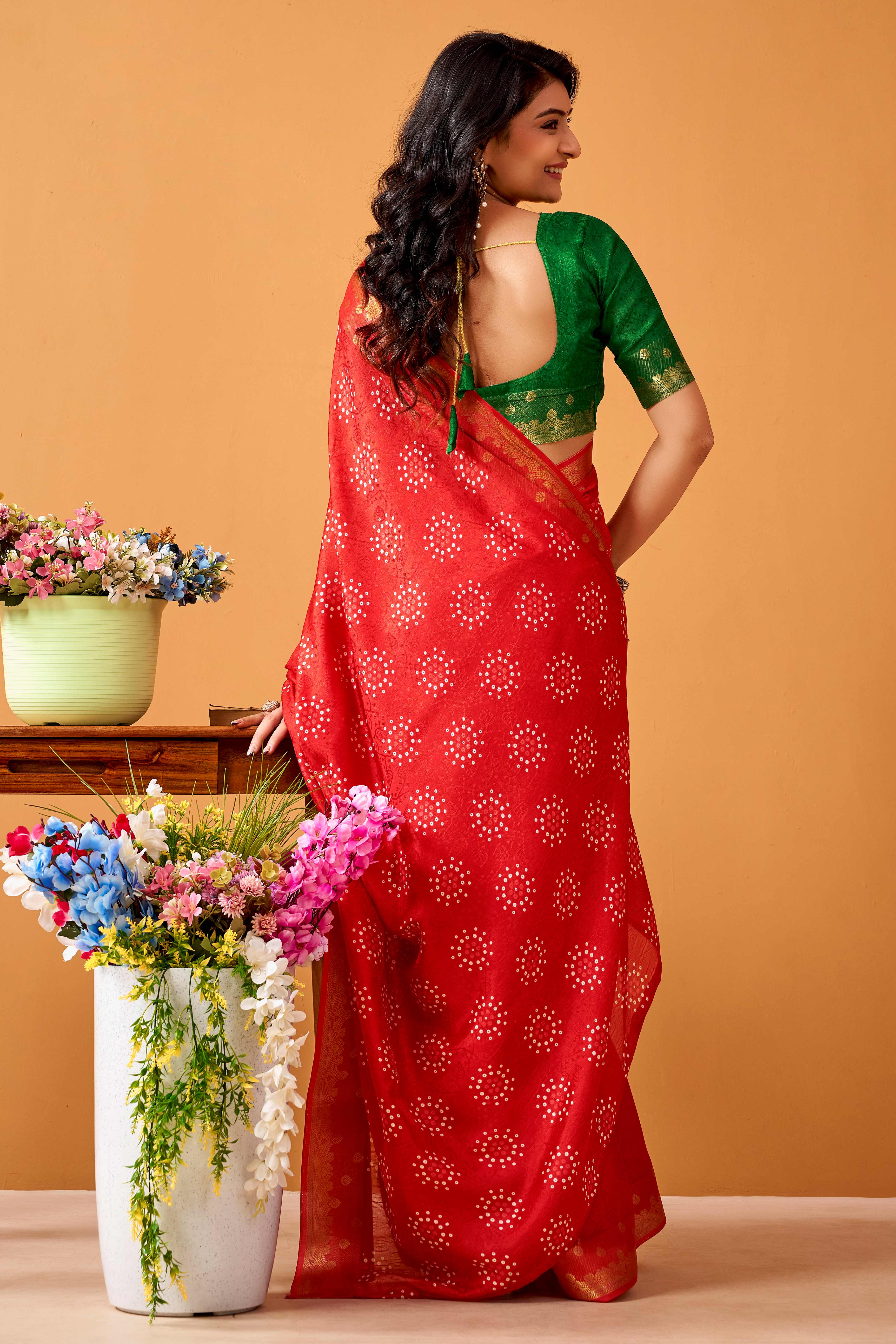 Luxurious Red Tussar Silk Saree Featuring Traditional Bandhani Print & Peacock Jacquard Border