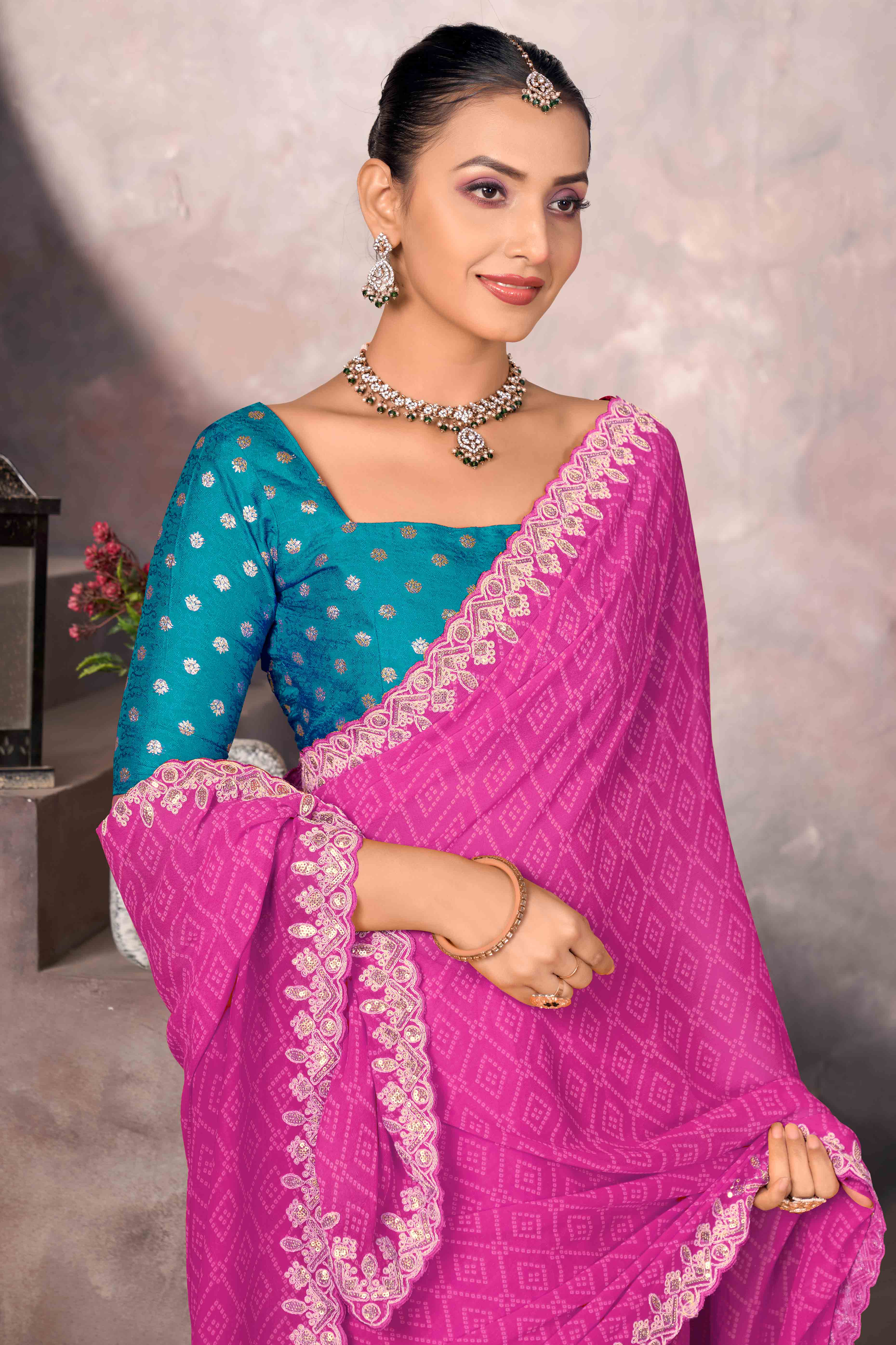 Modern Pink Georgette Saree with Timeless Bandhani Prints