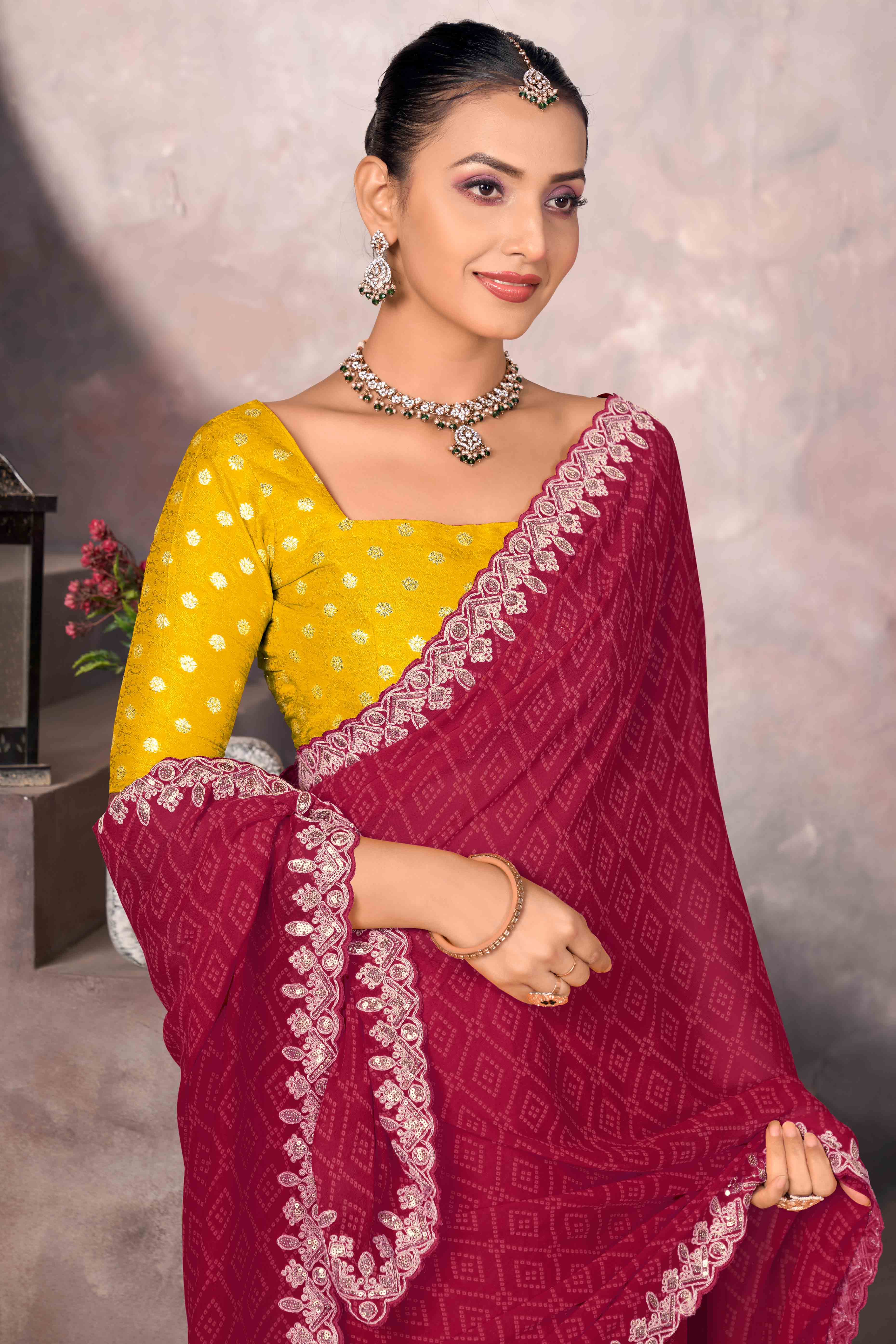 Modern Maroon Georgette Saree with Timeless Bandhani Prints