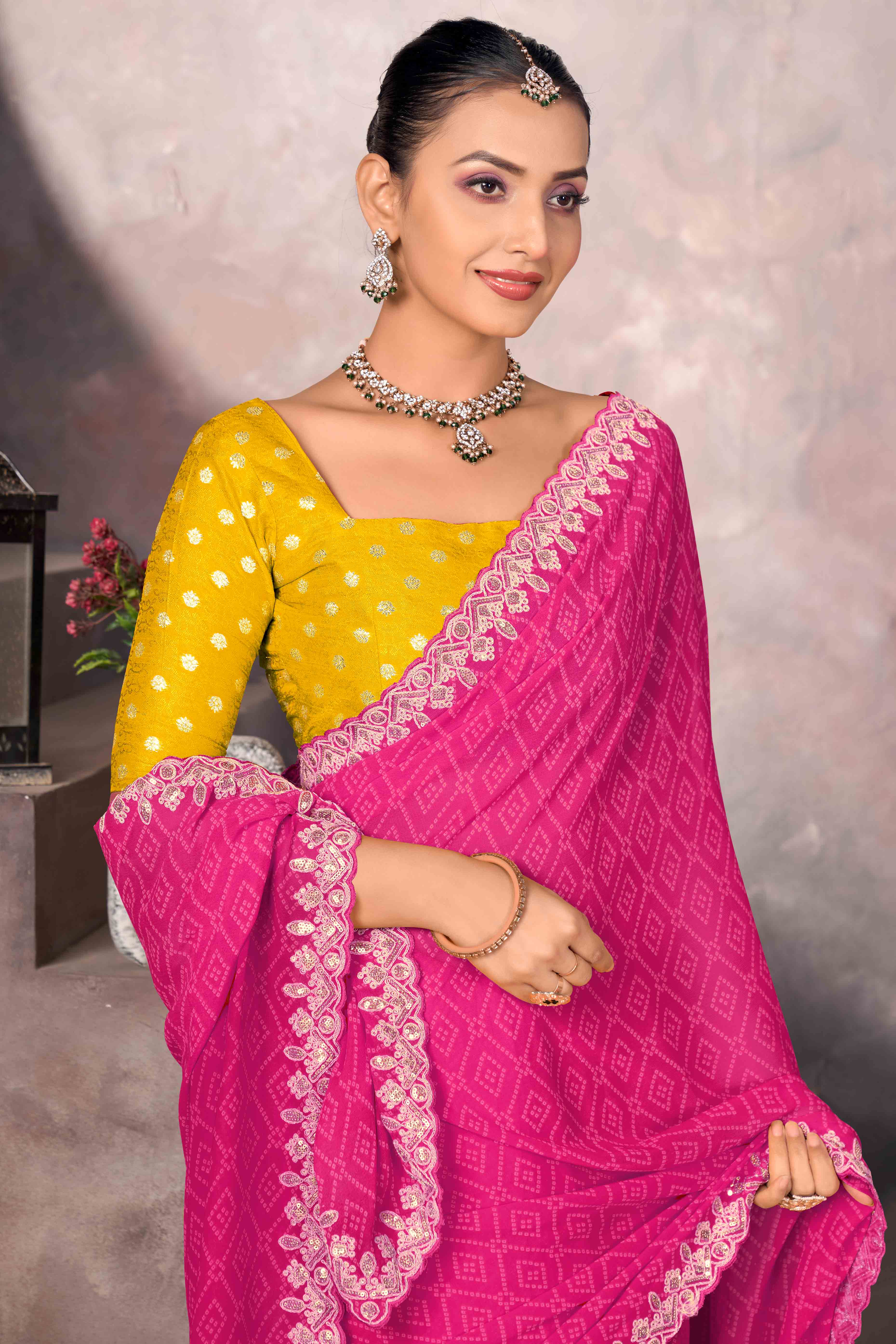 Modern Pink Georgette Saree with Timeless Bandhani Prints