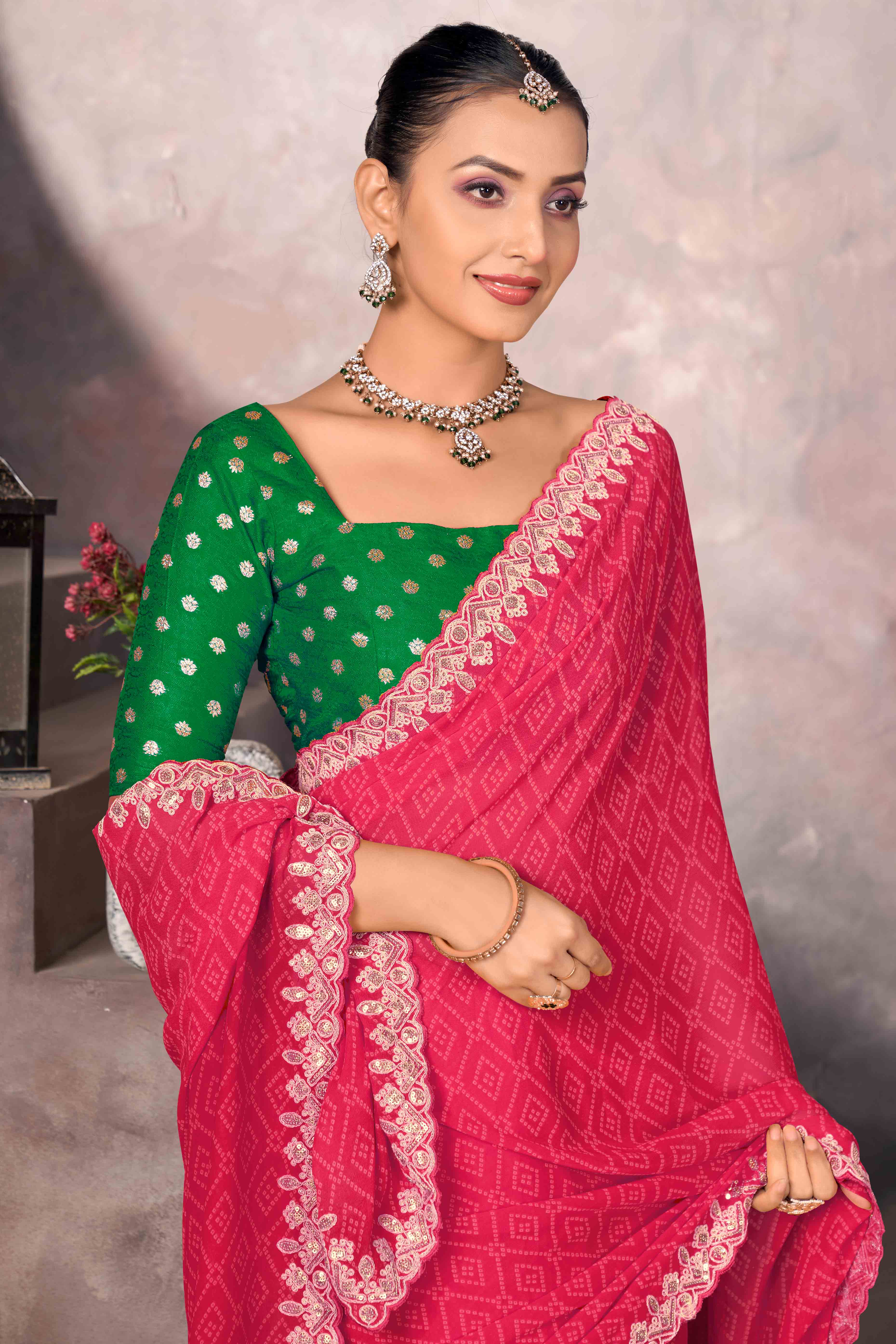Modern Pink Georgette Saree with Timeless Bandhani Prints