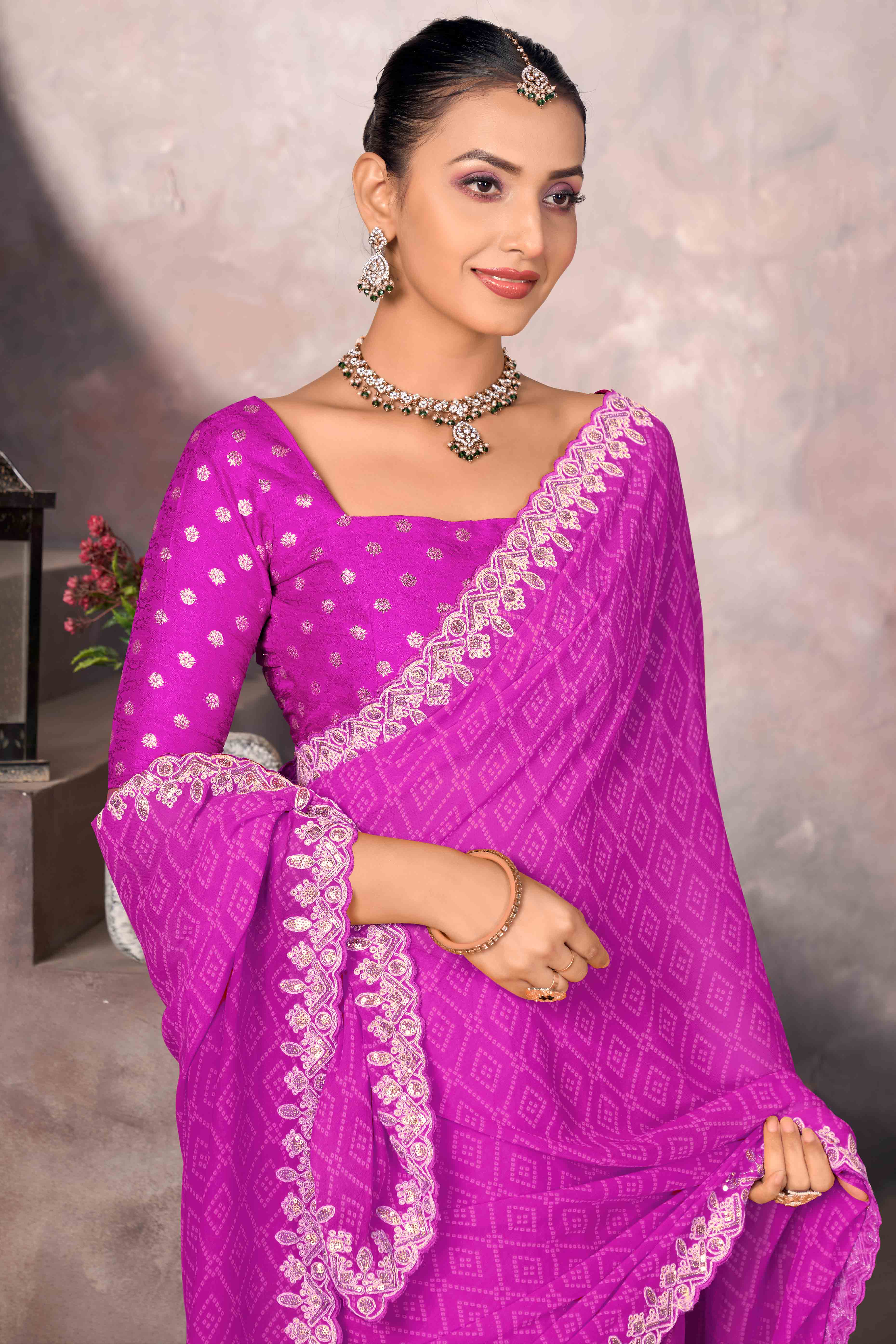 Modern Fuchsia Pink Georgette Saree with Timeless Bandhani Prints