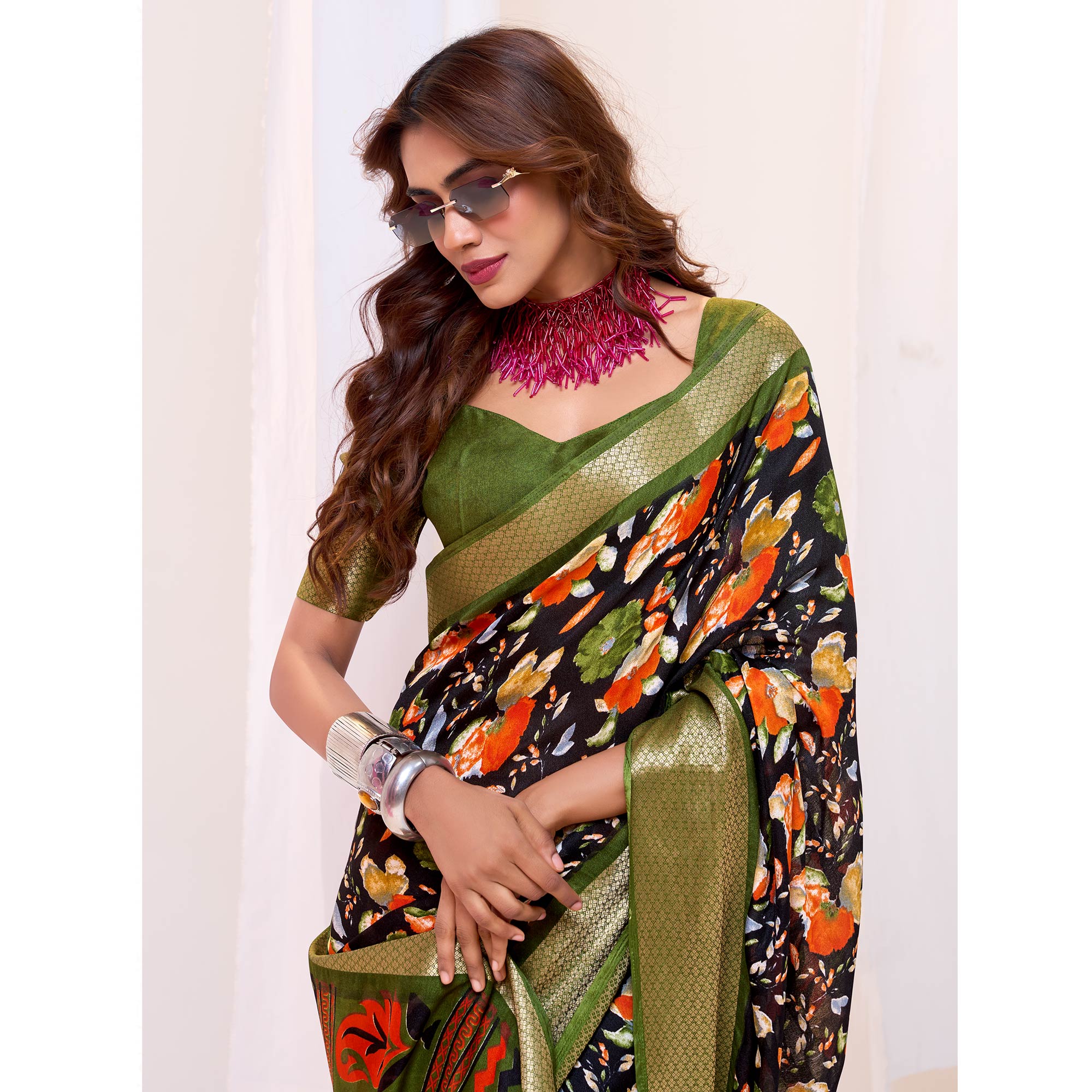 Black & Green Floral Printed Cotton Blend Saree With Woven Border