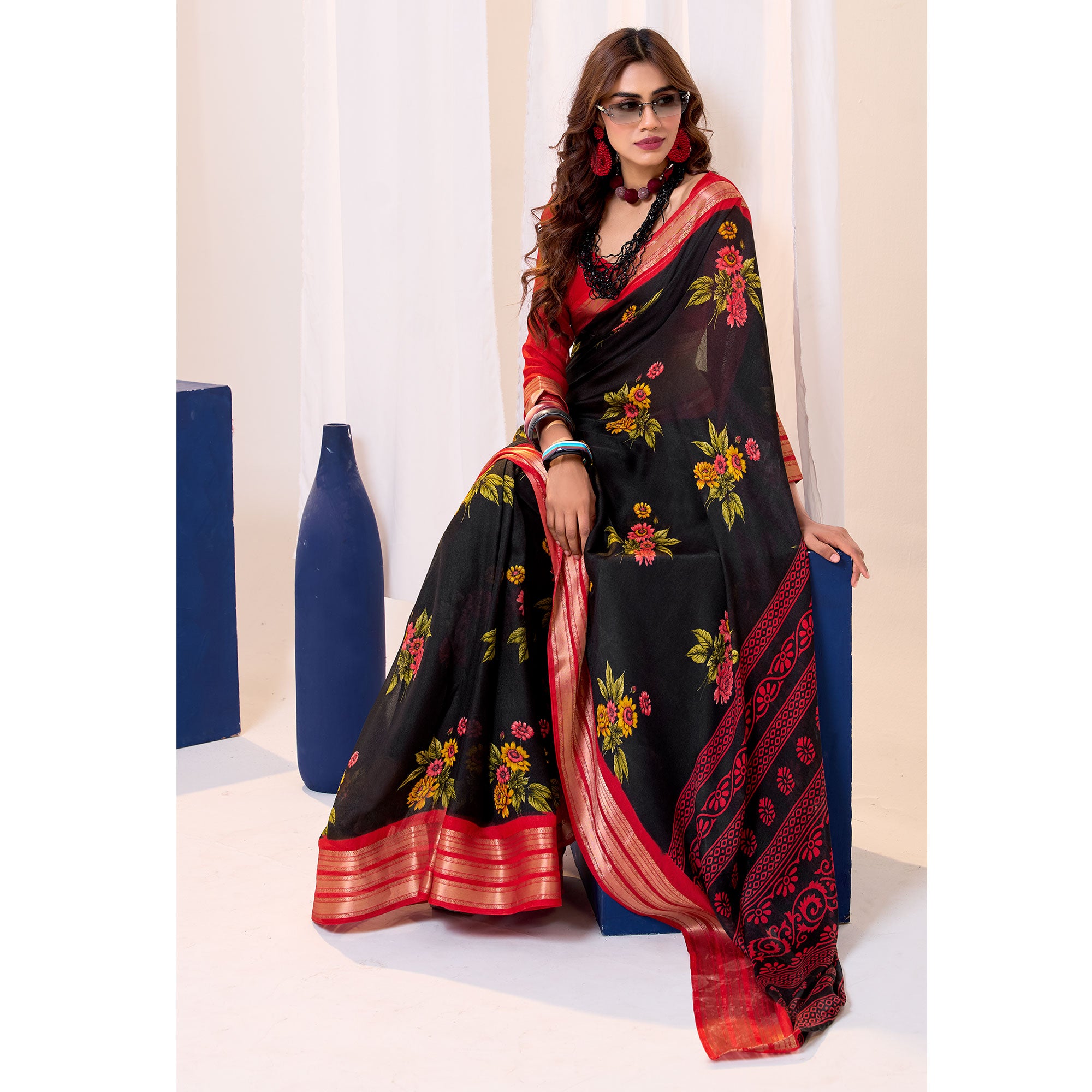 Black & Red Floral Printed Cotton Blend Saree With Woven Border