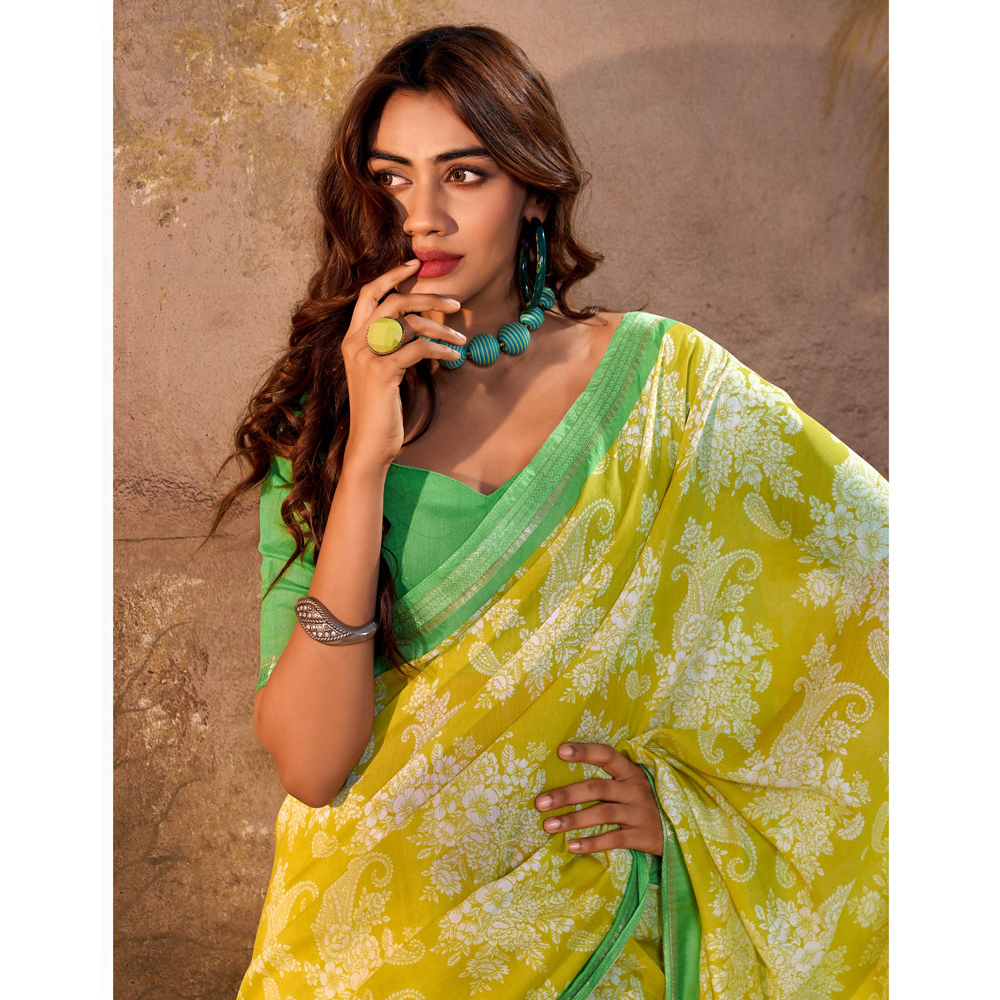 Pear Green Floral Printed Pure Cotton Saree