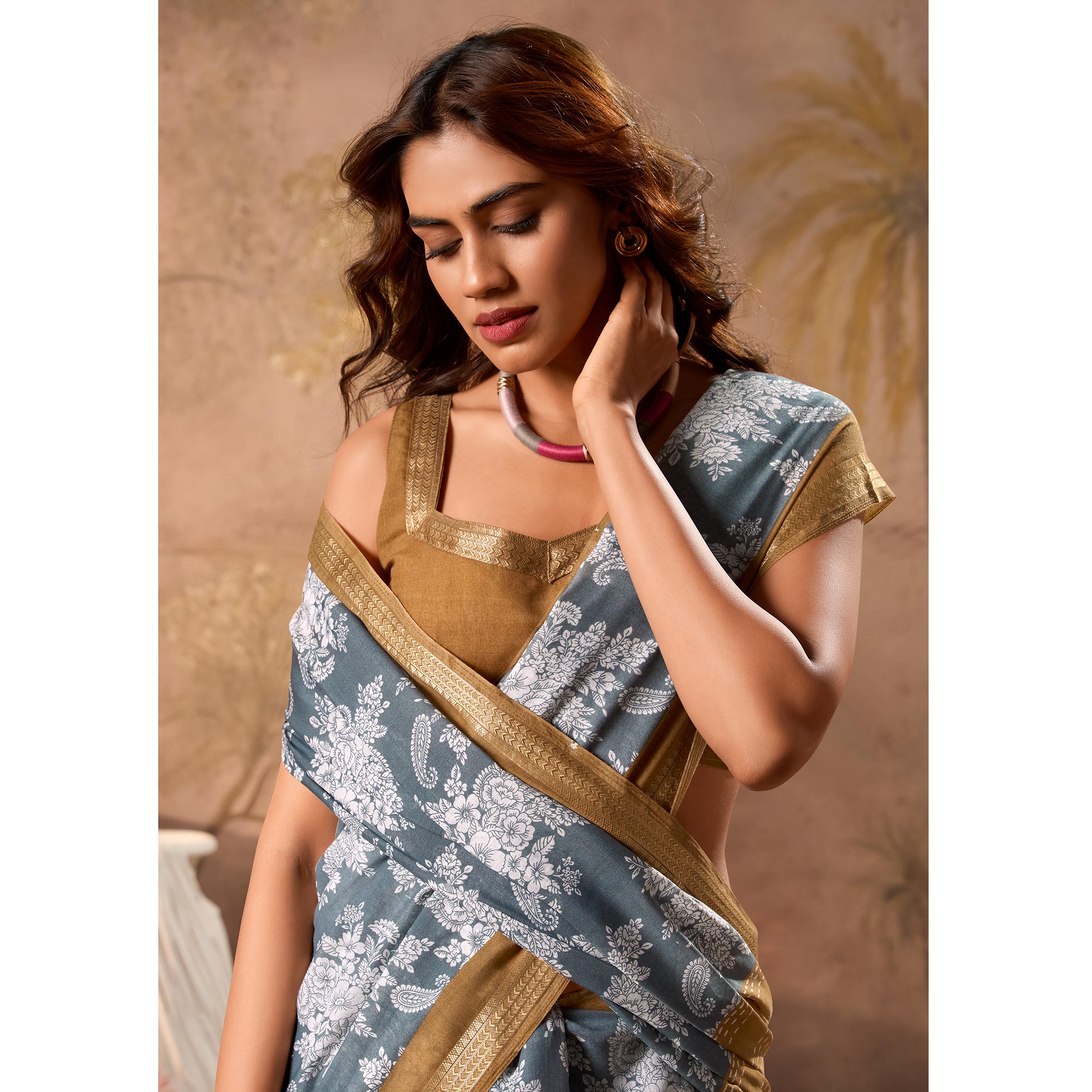 Grey Floral Printed Pure Cotton Saree