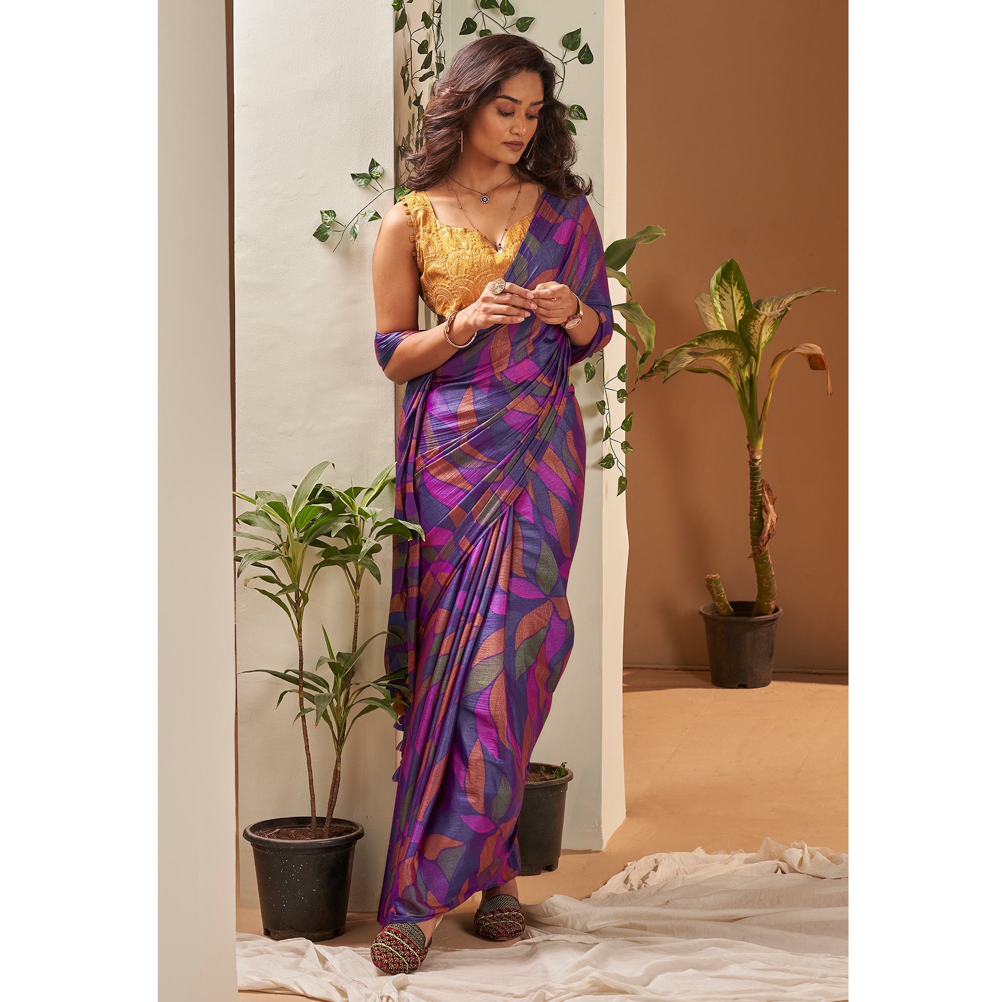 Purple Printed Nylon Saree With Tassels