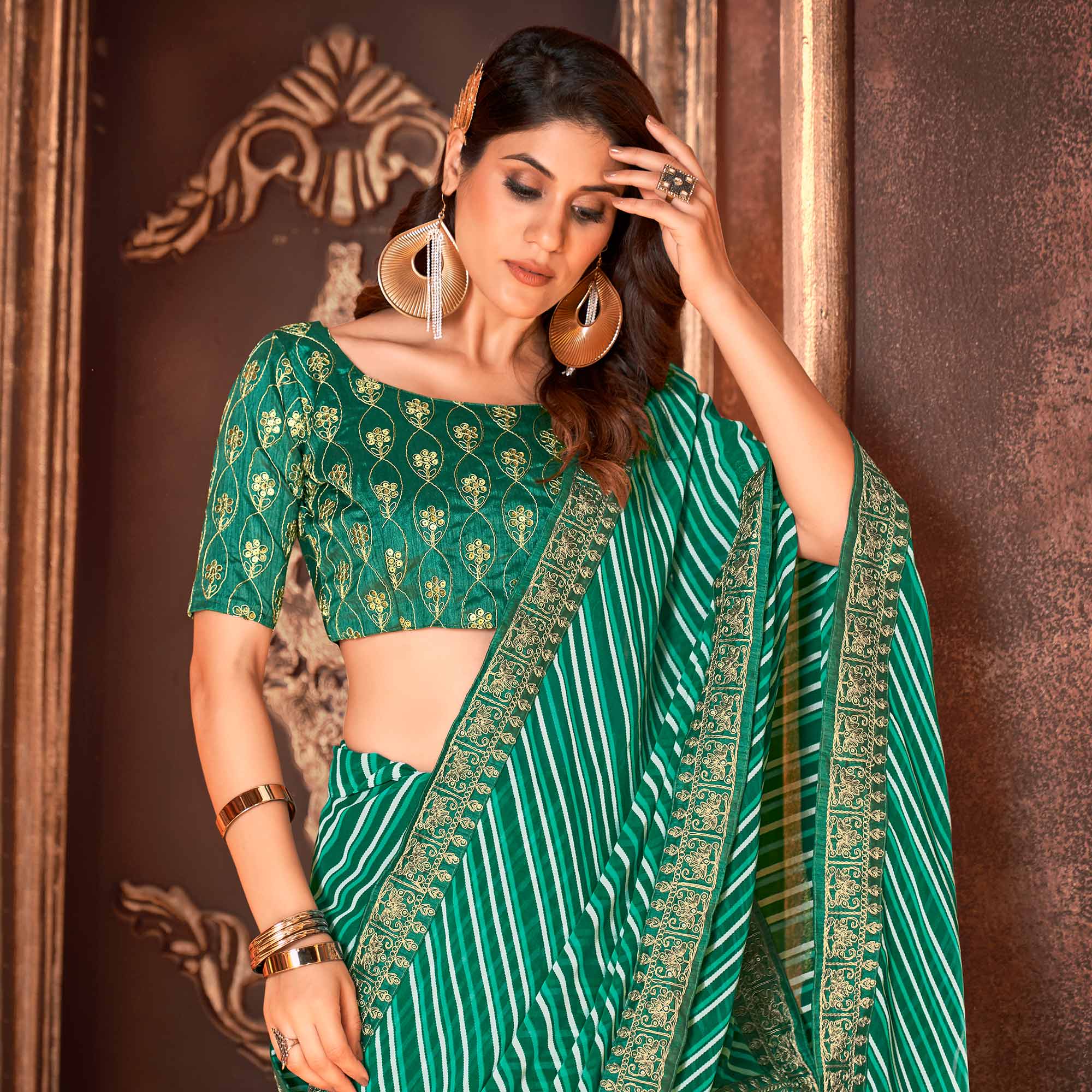 Sea Green Striped Printed Georgette Saree