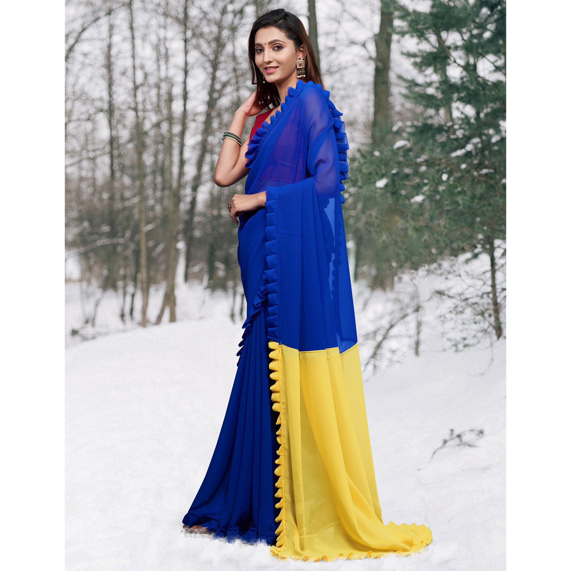 Blue & Yellow Printed Georgette Frill Saree