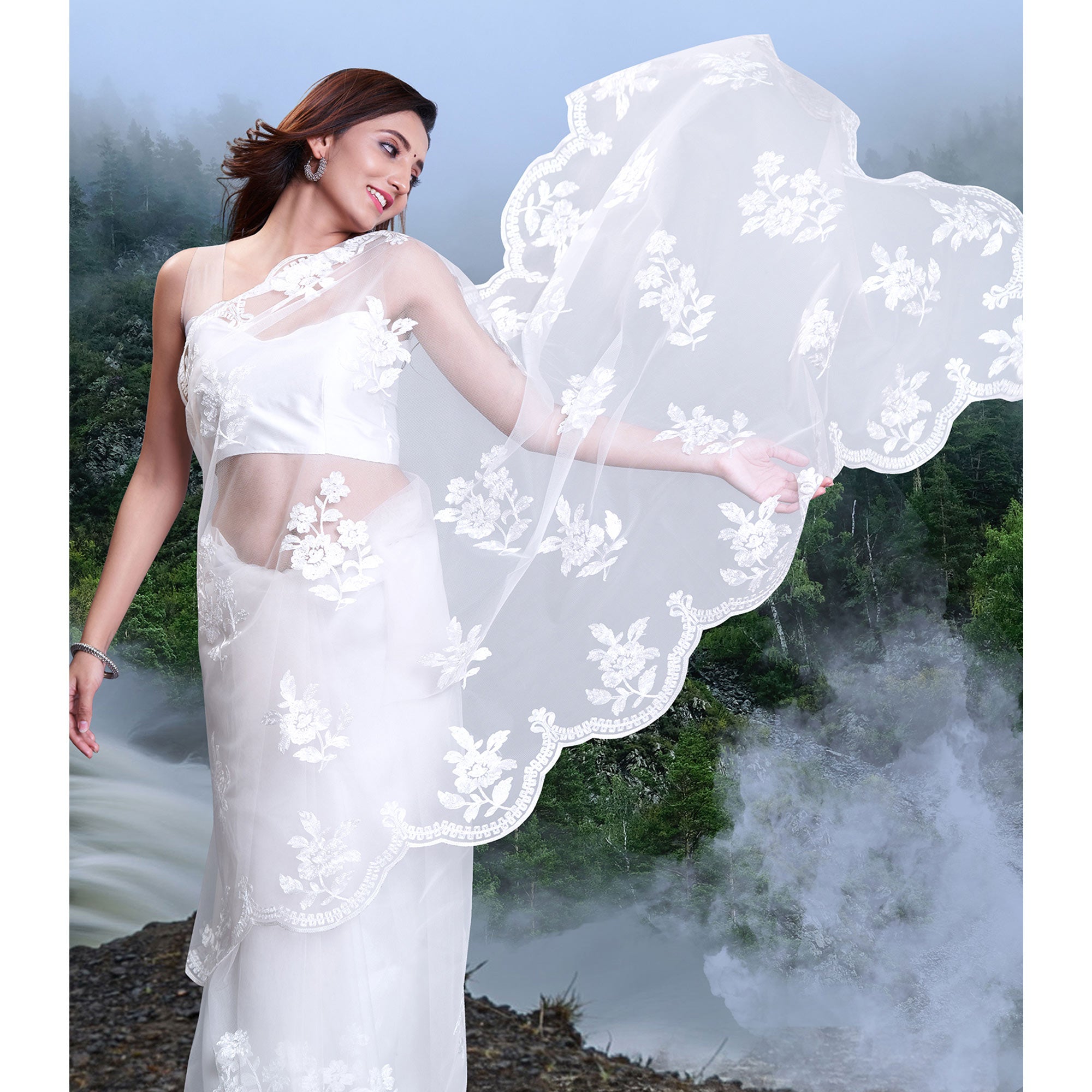 White Floral Embroidered Net Saree