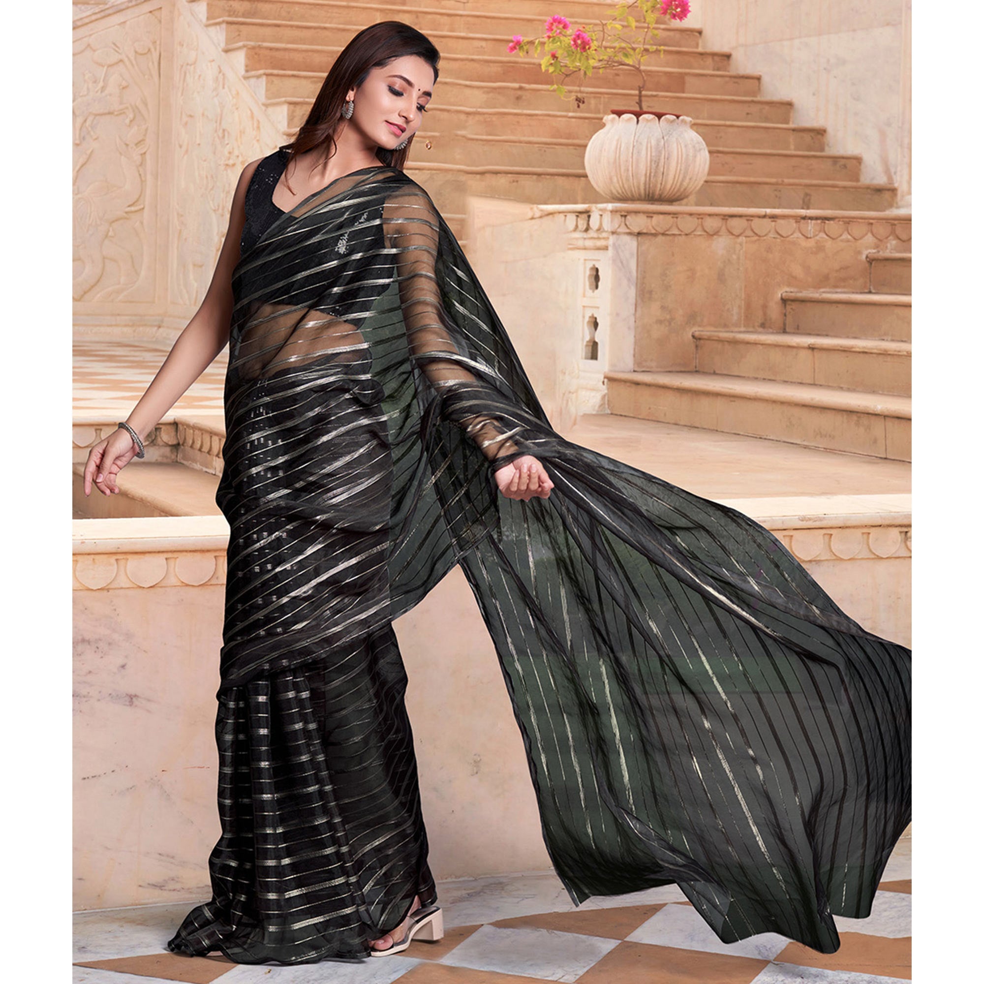 Black Woven Organza Saree