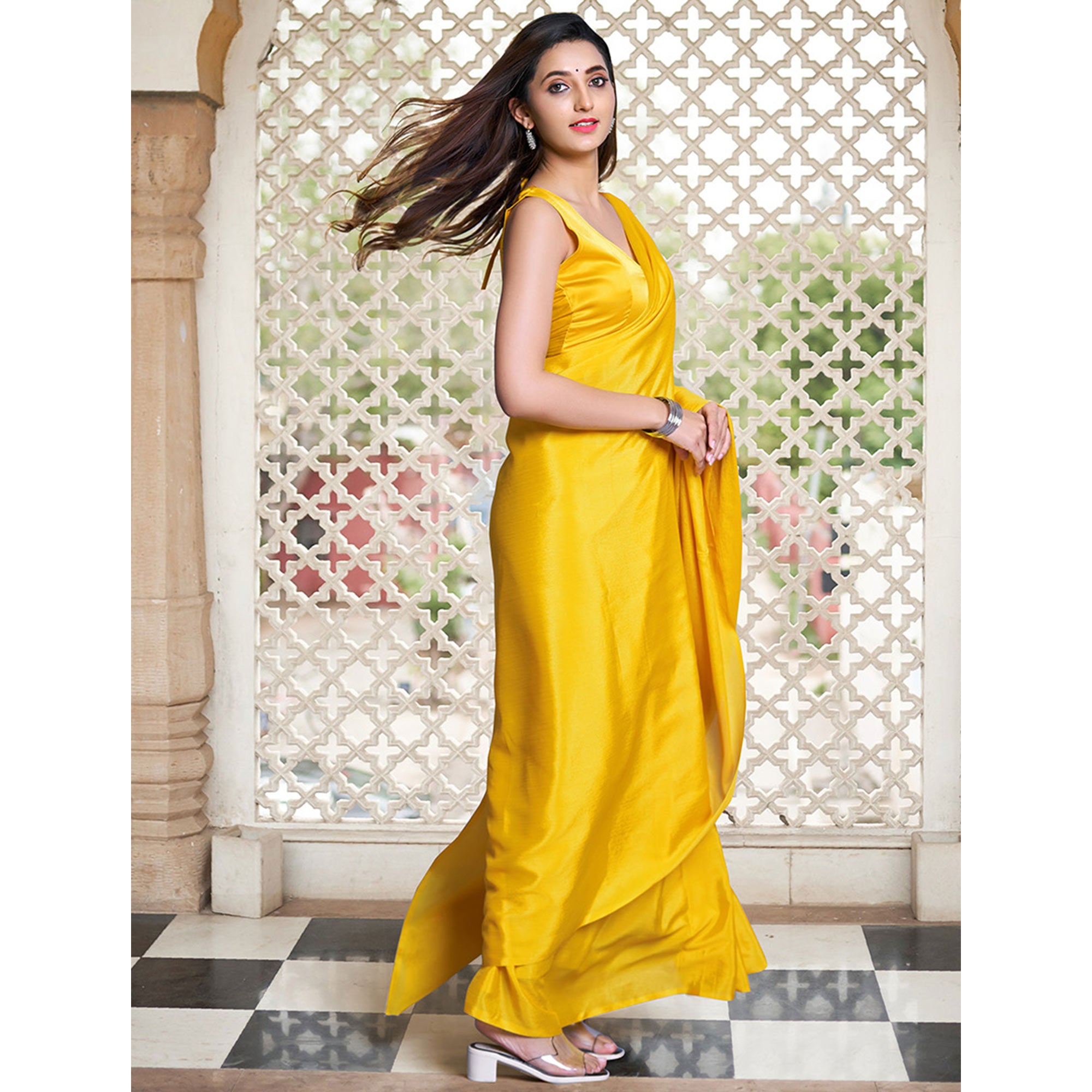 Yellow Solid Chiffon Saree